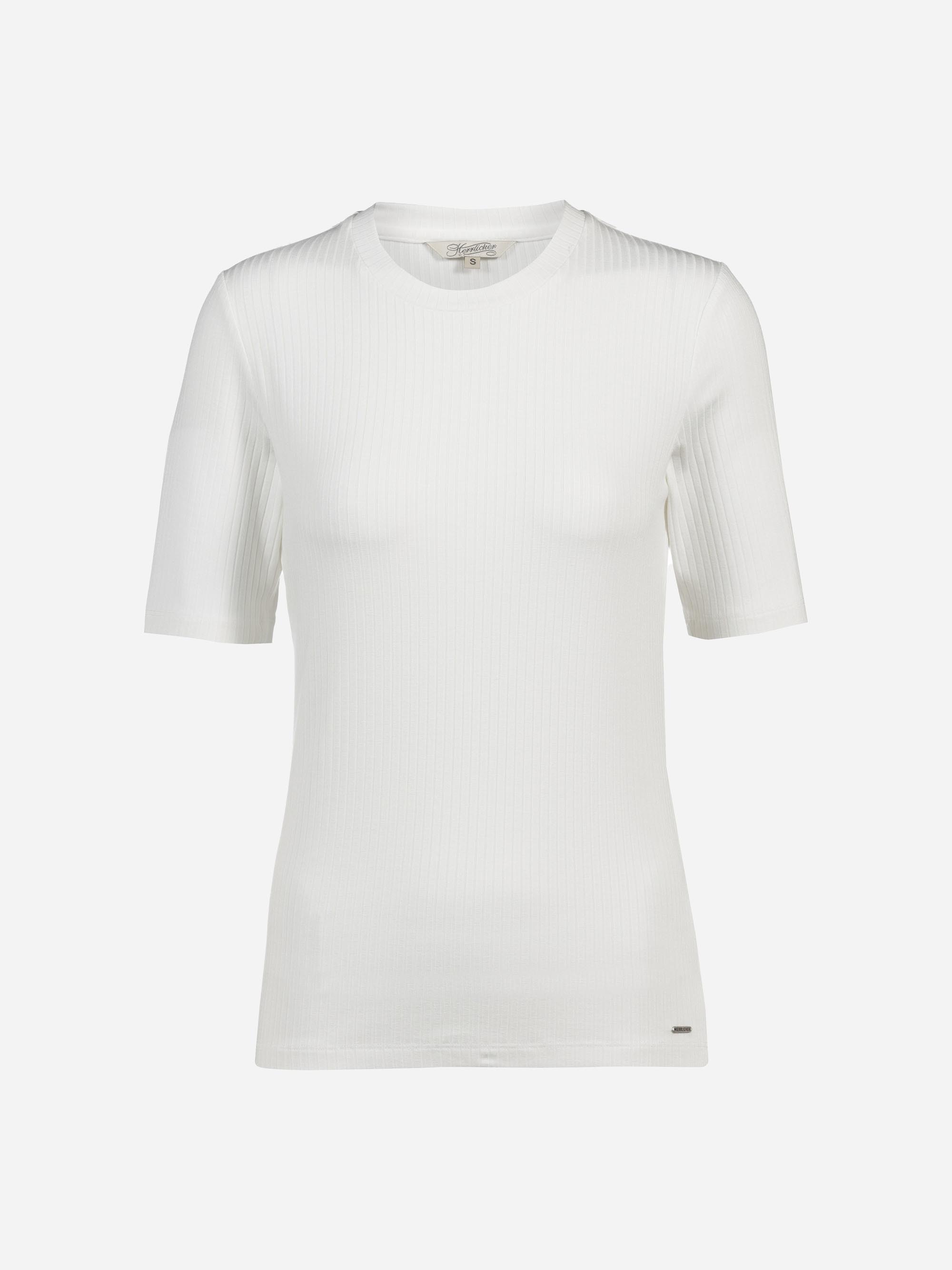 Ein schlichtes weißes T-Shirt mit kurzen Ärmeln und geripptem Rundhalsausschnitt auf weißem Hintergrund.