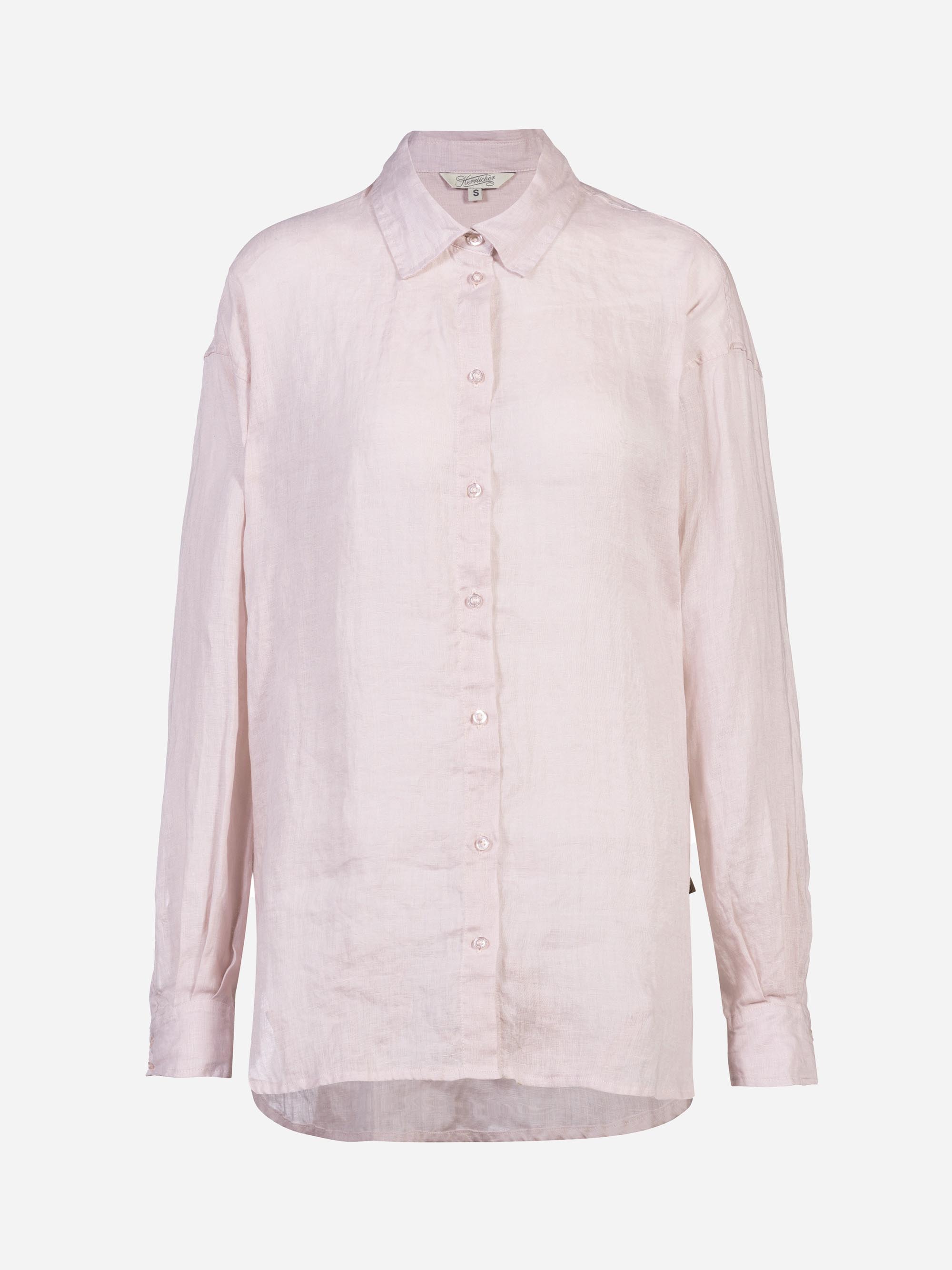 Ein hellrosa, langärmeliges Leinenhemd mit Knopfleiste und Kragen, abgebildet auf einem schlichten weißen Hintergrund. Das Hemd hat eine lockere Passform und einen etwas längeren Saum auf der Rückseite.