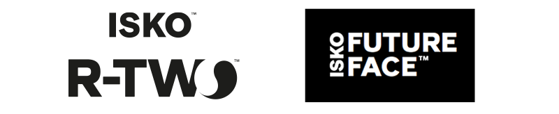 Logos für ISKO, ISKO R-TWO und ISKO FUTURE FACE mit fettgedrucktem schwarzem Text auf weißem und schwarzem Hintergrund, die die verschiedenen Produktlinien der Marke ISKO hervorheben.
