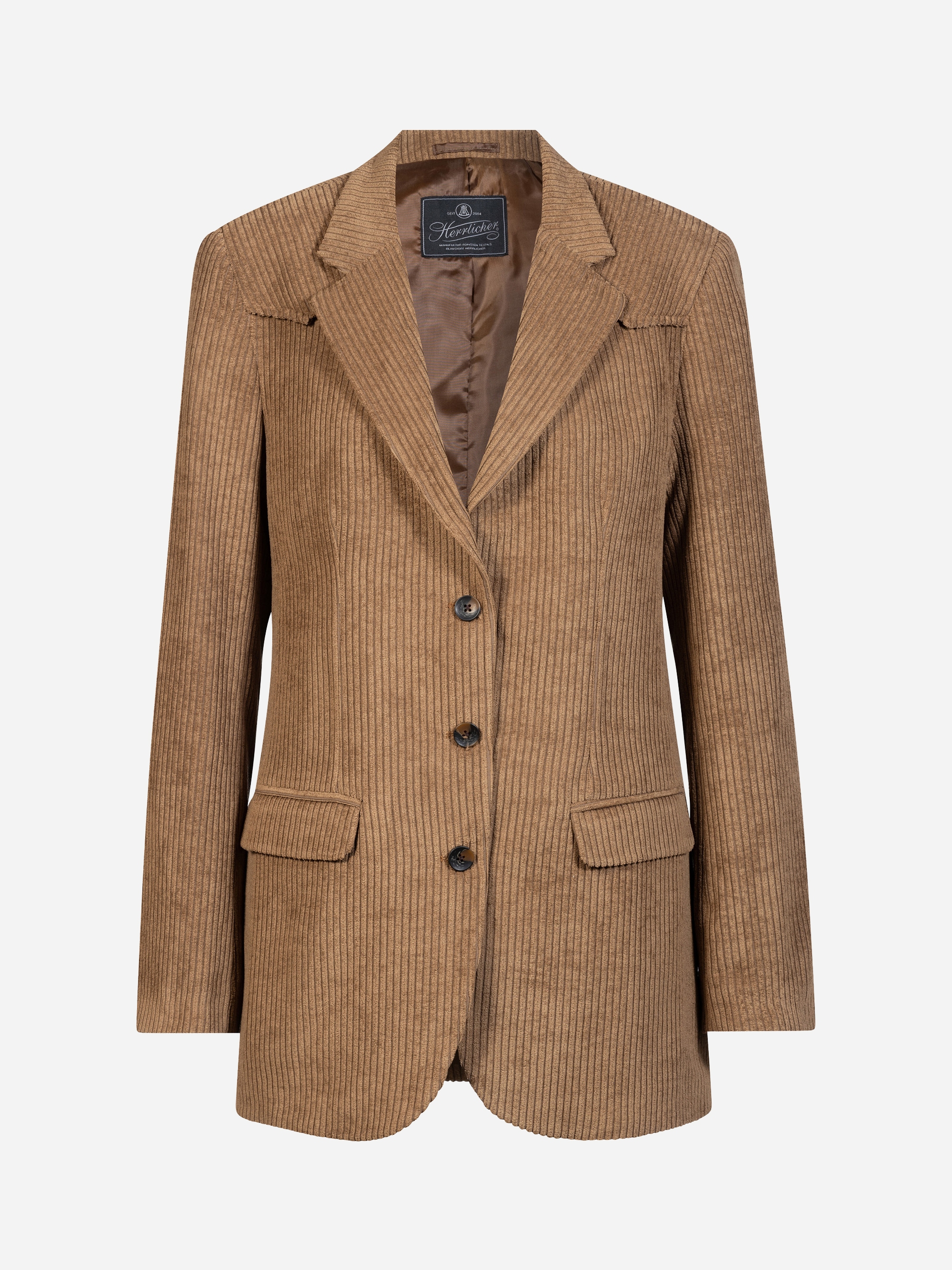 Ein brauner Blazer aus Cord mit gekerbtem Revers, dreiknöpfigem Verschluss, Pattentaschen und einer Brusttasche, präsentiert vor einem schlichten weißen Hintergrund.