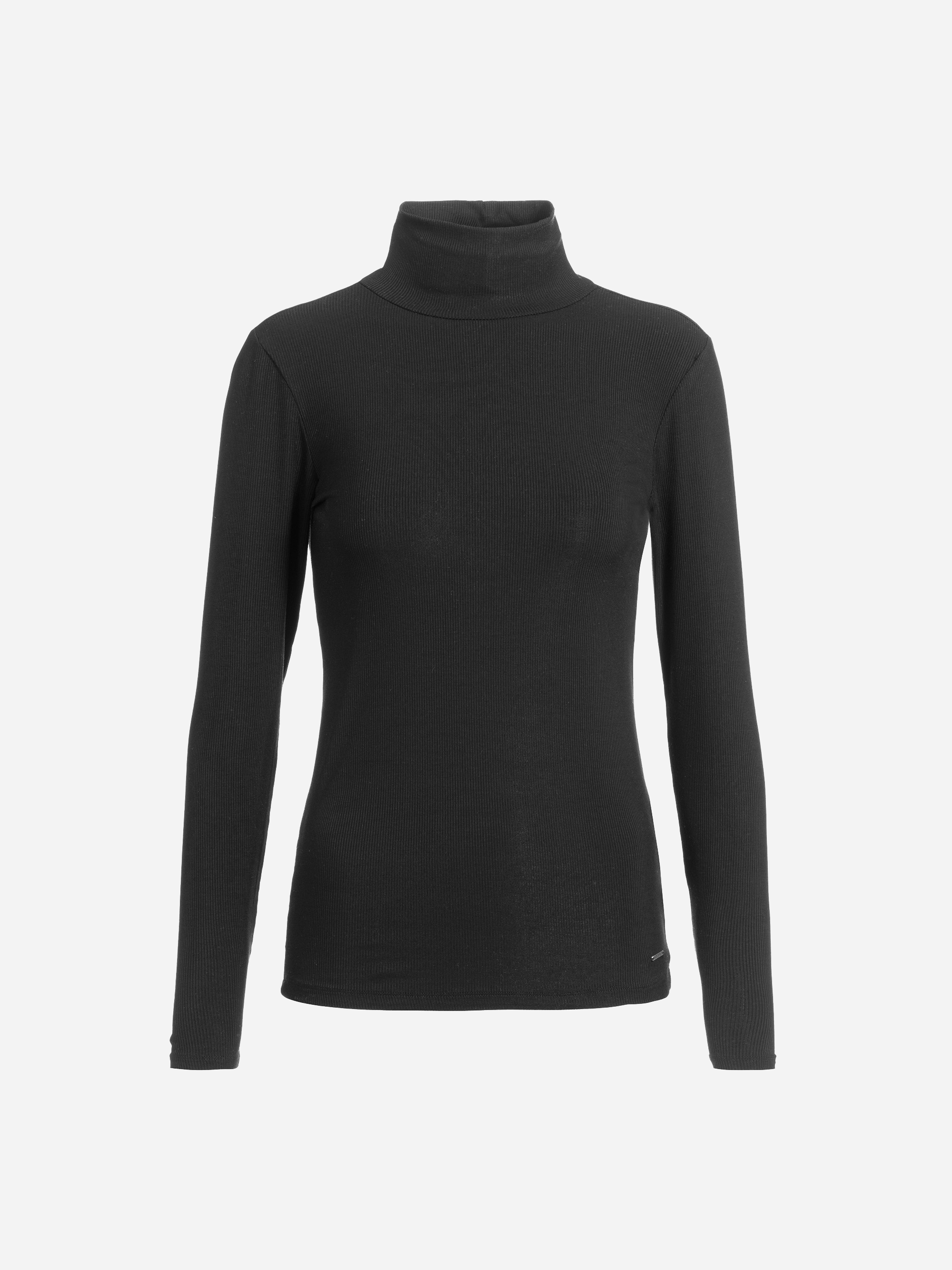 Ein schlichtes schwarzes, langärmeliges Rollkragenhemd ist auf weißem Hintergrund abgebildet. Das Hemd hat eine taillierte Silhouette und keine sichtbaren Muster oder Logos.