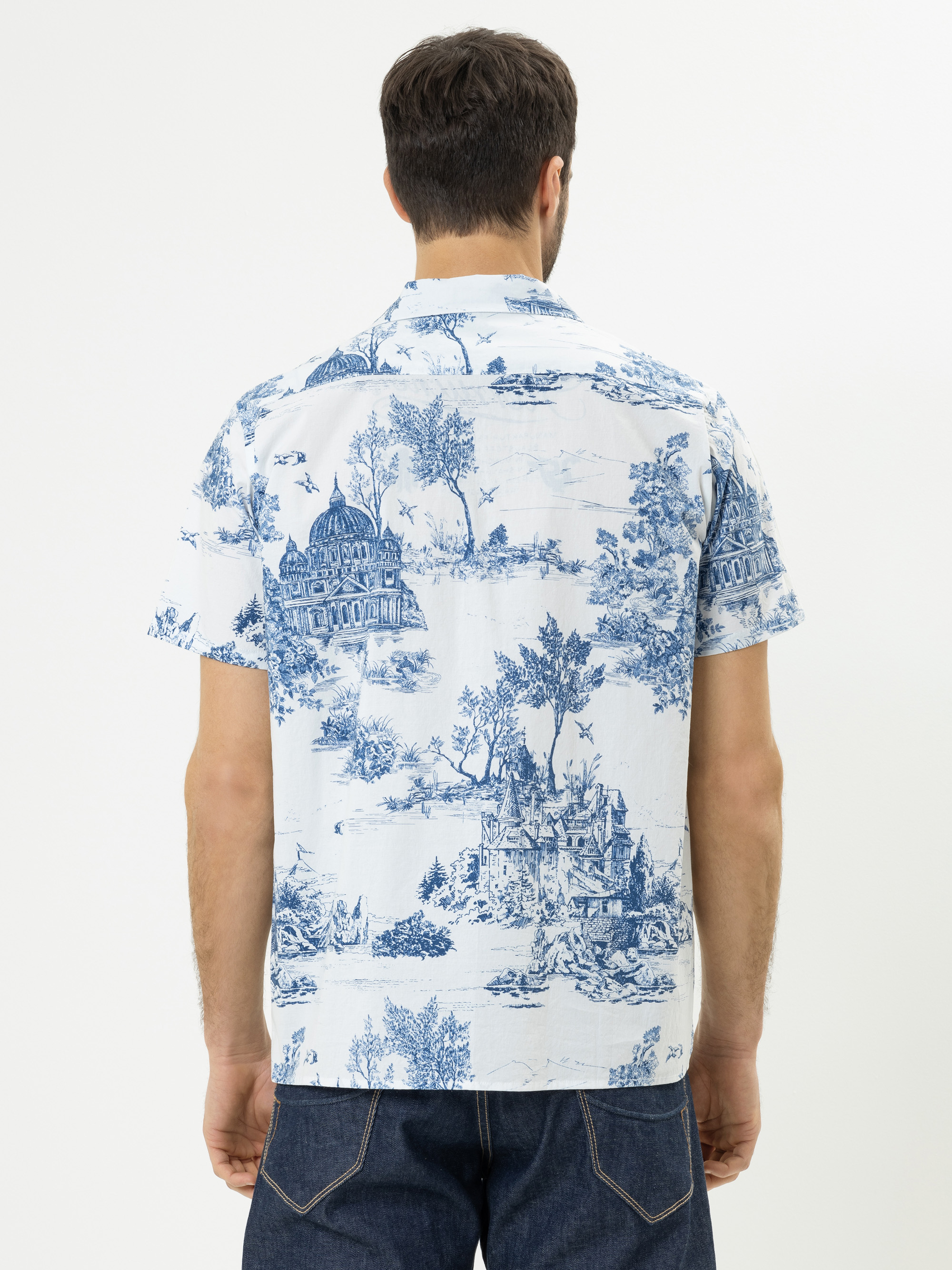 Ein Mann mit kurzen dunklen Haaren, der ein kurzärmeliges, hellblaues Hemd mit einem blauen Landschaftsaufdruck trägt, steht von der Kamera weg. Er trägt außerdem eine dunkelblaue Jeans vor einem schlichten weißen Hintergrund.