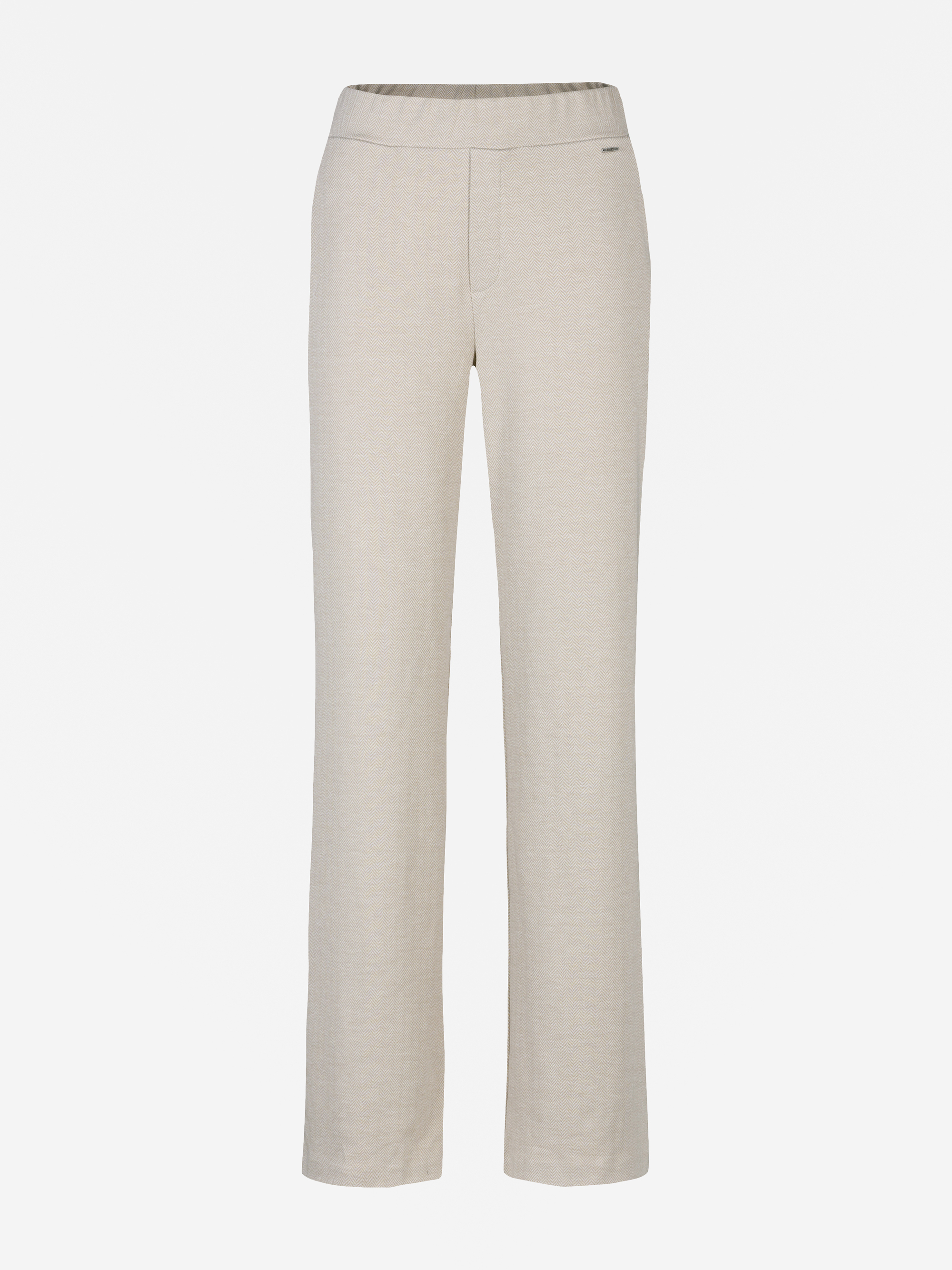 Beigefarbene Leinenhose mit geradem Bein, flacher Vorderseite, elastischem Bund und ohne sichtbare Taschen, auf weißem Grund.