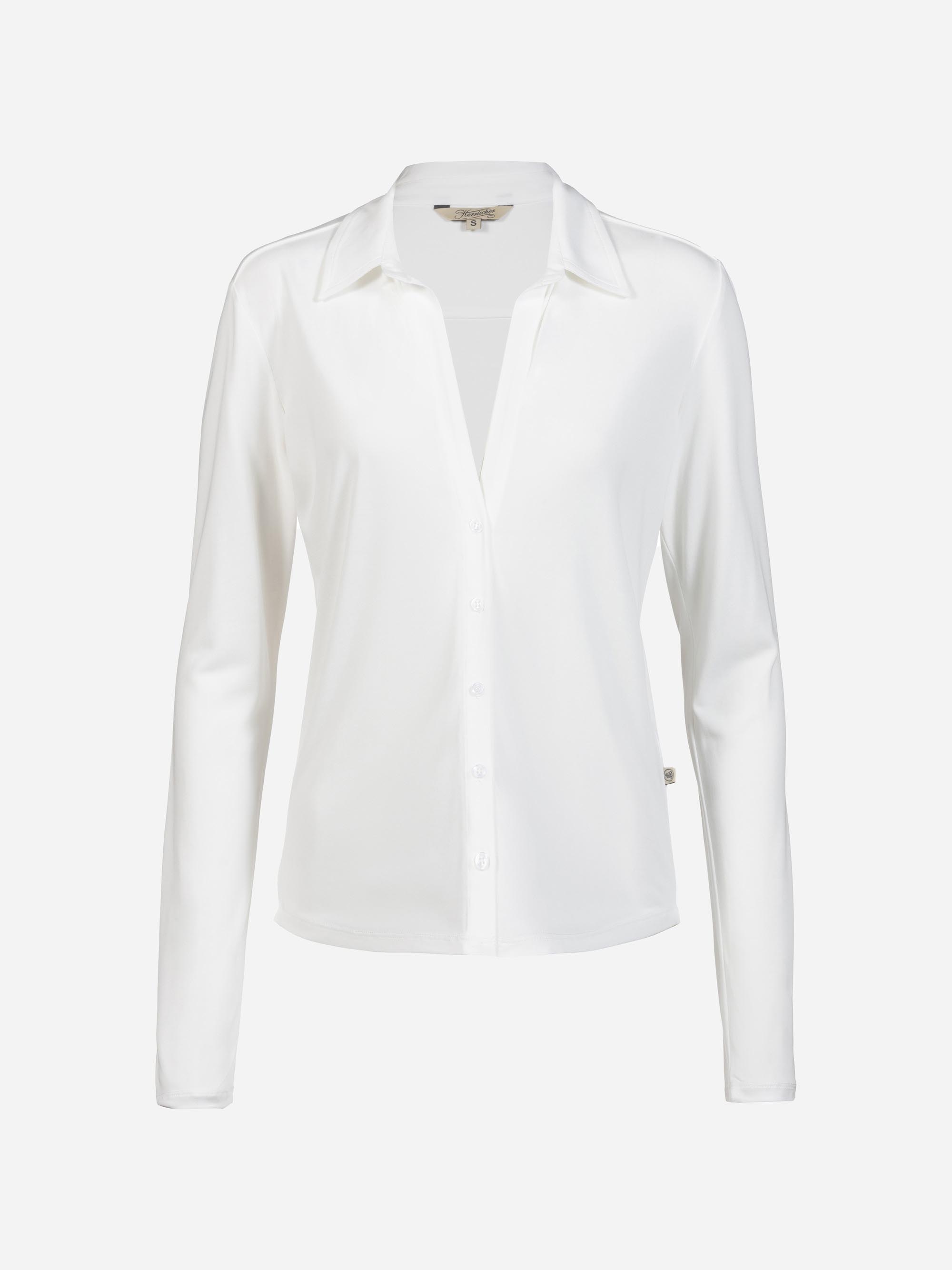 Ein weißes, langärmeliges Hemd mit klassischem Kragen, abgebildet auf einem schlichten weißen Hintergrund.