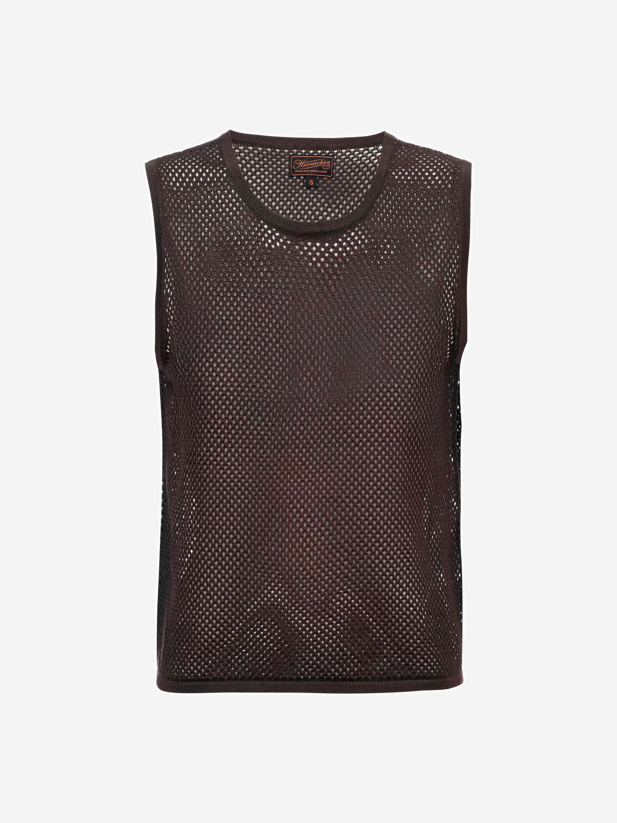 Ein ärmelloses, dunkelbraunes Mesh-Tank-Top mit rundem Ausschnitt, das auf einem schlichten weißen Hintergrund abgebildet ist.