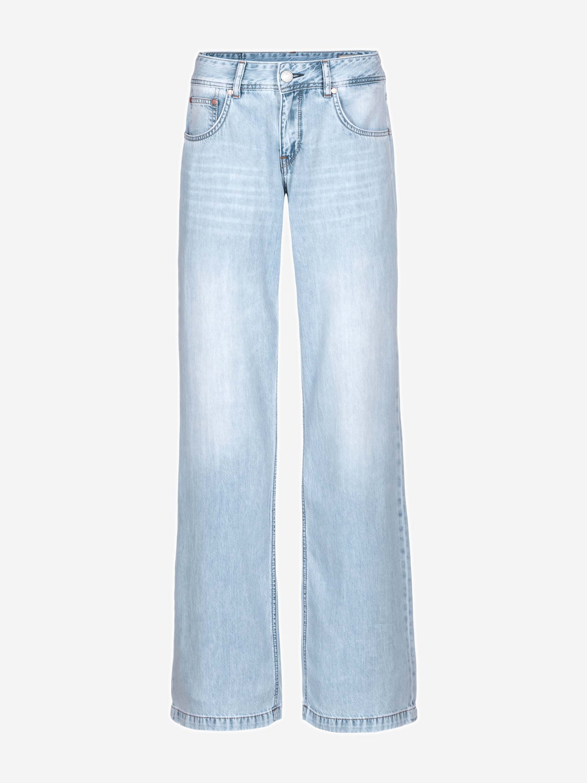 Hellblaue Jeans mit hoher Taille und weitem Bein, Knopf- und Reißverschluss, Vorder- und Gesäßtaschen und dezenten verblichenen Details an den Oberschenkeln.