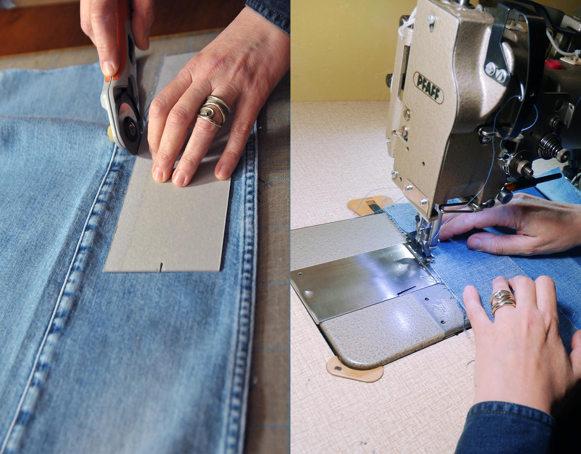 Eine Person schneidet links mit einem Rollschneider und einer Pappschablone Jeansstoff zu und näht rechts mit einer Nähmaschine Jeansstoff. Beide Hände haben Ringe und tragen ein Jeanshemd.