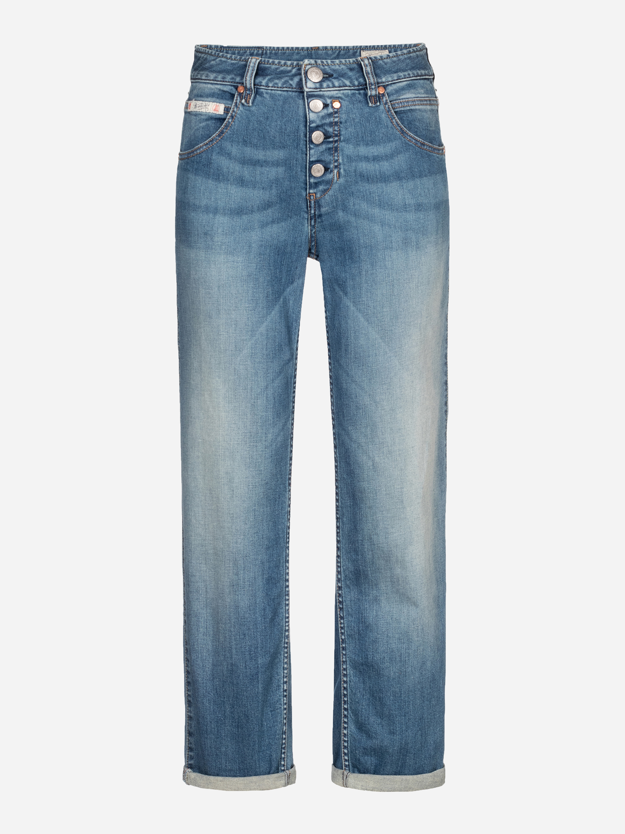 Blaue Jeans mit hoher Taille und geradem Bein, mit sichtbaren Knöpfen, Vorder- und Gesäßtaschen, leichter Ausbleichung an den Oberschenkeln und aufgerollten Bündchen am Saum.