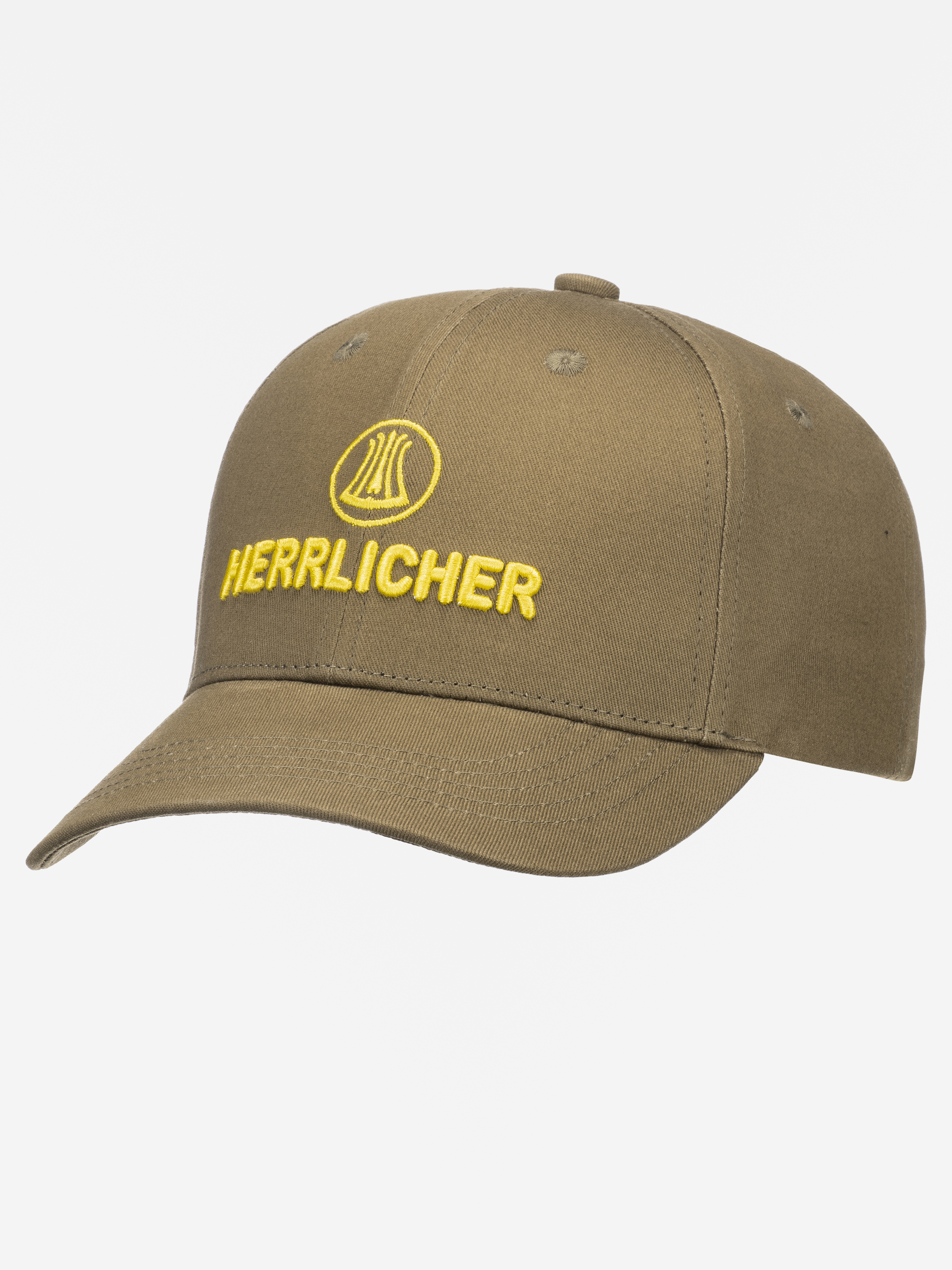 Eine olivgrüne Baseballkappe mit gelber Stickerei, die das Wort HERRLICHER und ein rundes Logo darüber zeigt, auf einem schlichten weißen Hintergrund.