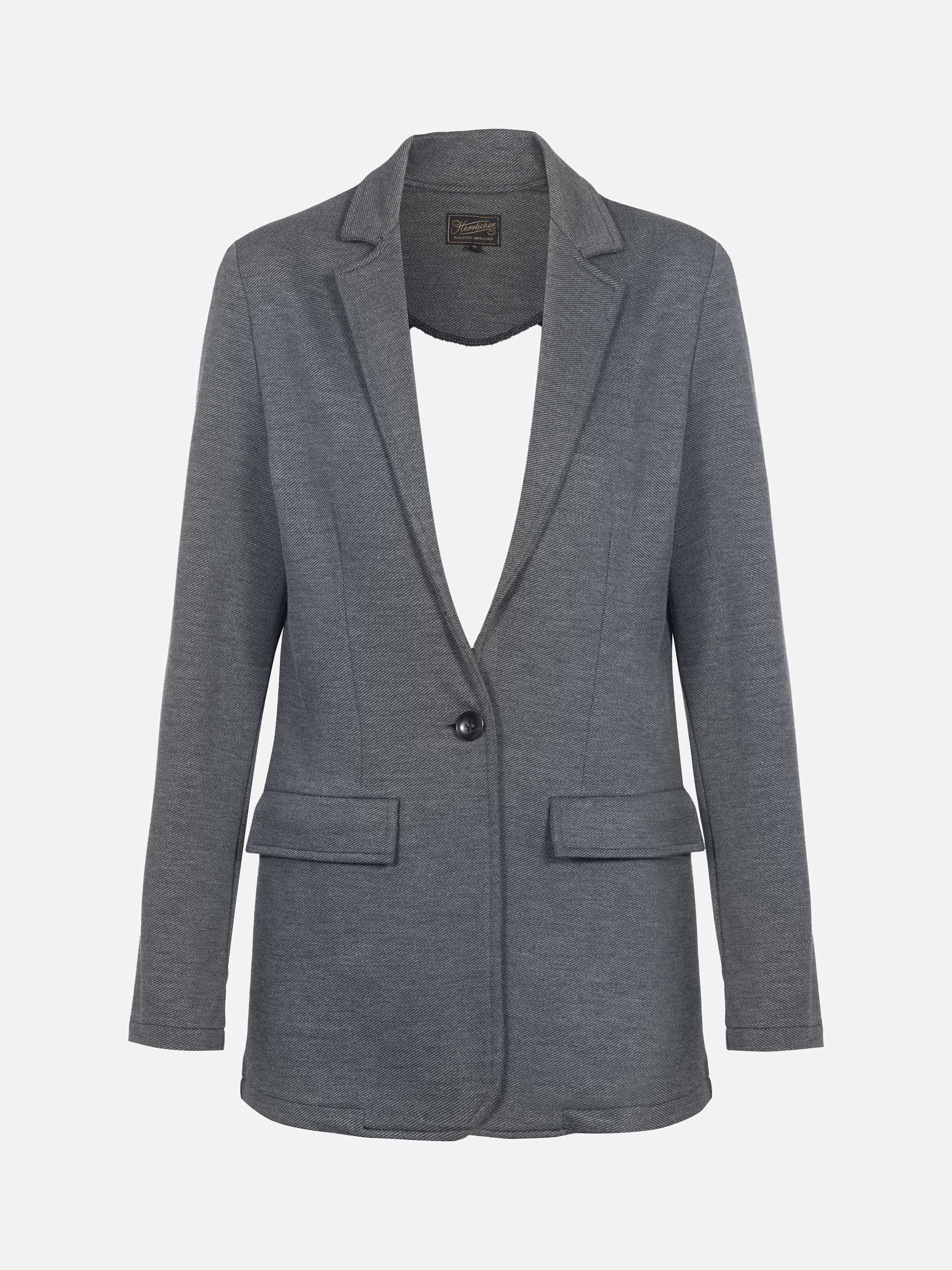 Grauer, einreihiger Blazer mit gekerbtem Revers, einfachem Knopfverschluss und zwei Pattentaschen auf der Vorderseite auf einfarbig weißem Grund.