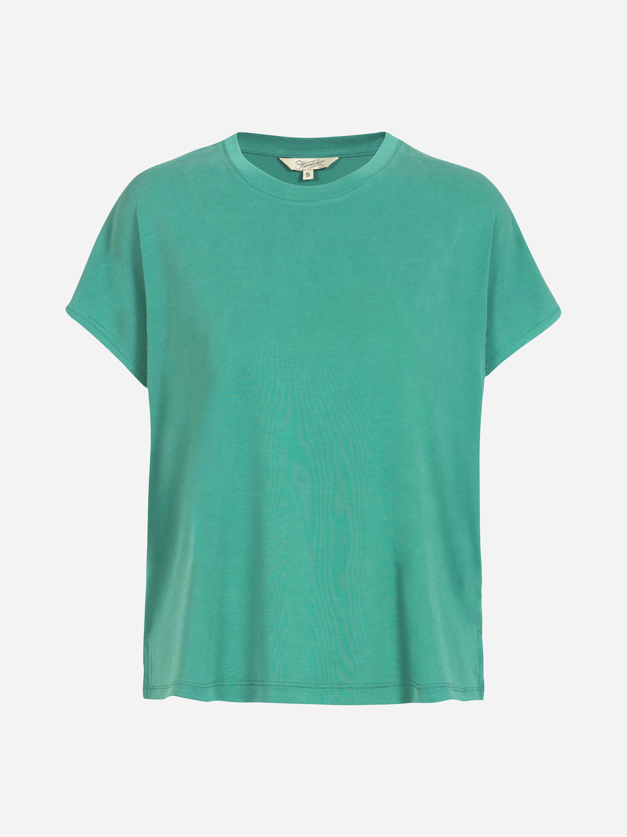 Ein schlichtes, kurzärmeliges T-Shirt mit Rundhalsausschnitt in einer einfarbigen blaugrünen Farbe wird vor einem weißen Hintergrund dargestellt.