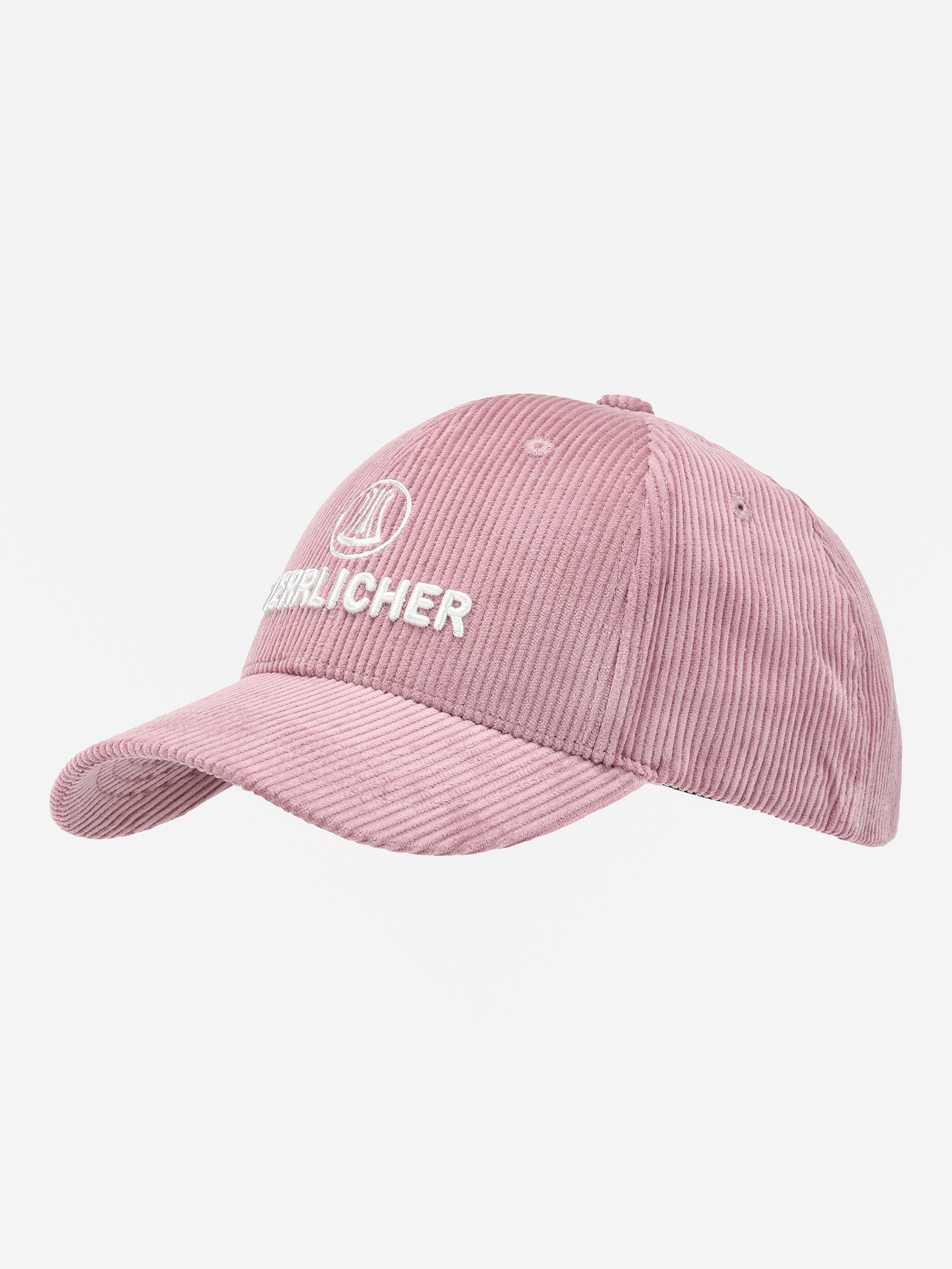 Eine rosafarbene Cord-Baseballkappe mit gebogenem Rand und weißem gesticktem Text und Logo auf der Vorderseite, die auf einem einfarbig weißen Hintergrund abgebildet ist.
