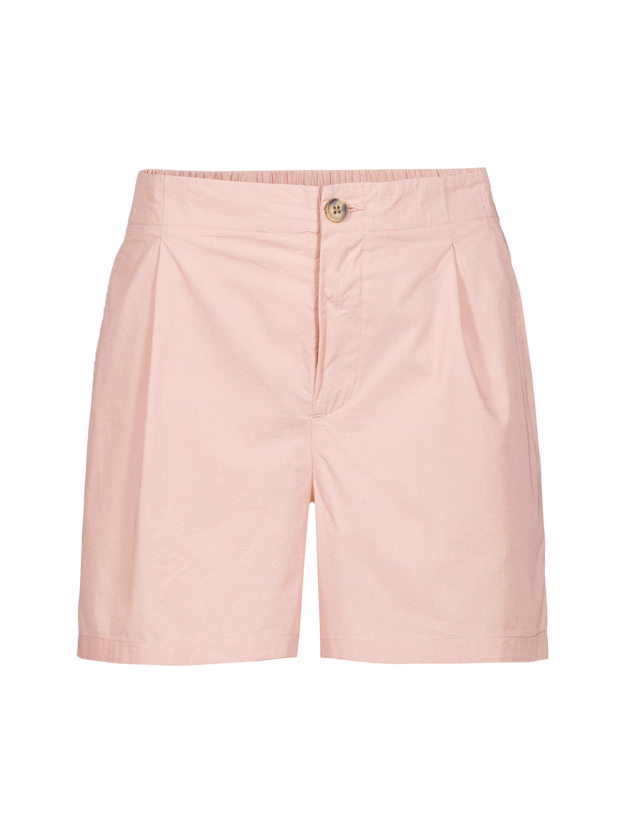 Hellrosa Shorts mit hoher Taille, Knopf- und Reißverschluss, Falten auf der Vorderseite und Seitentaschen auf einfarbig weißem Hintergrund.
