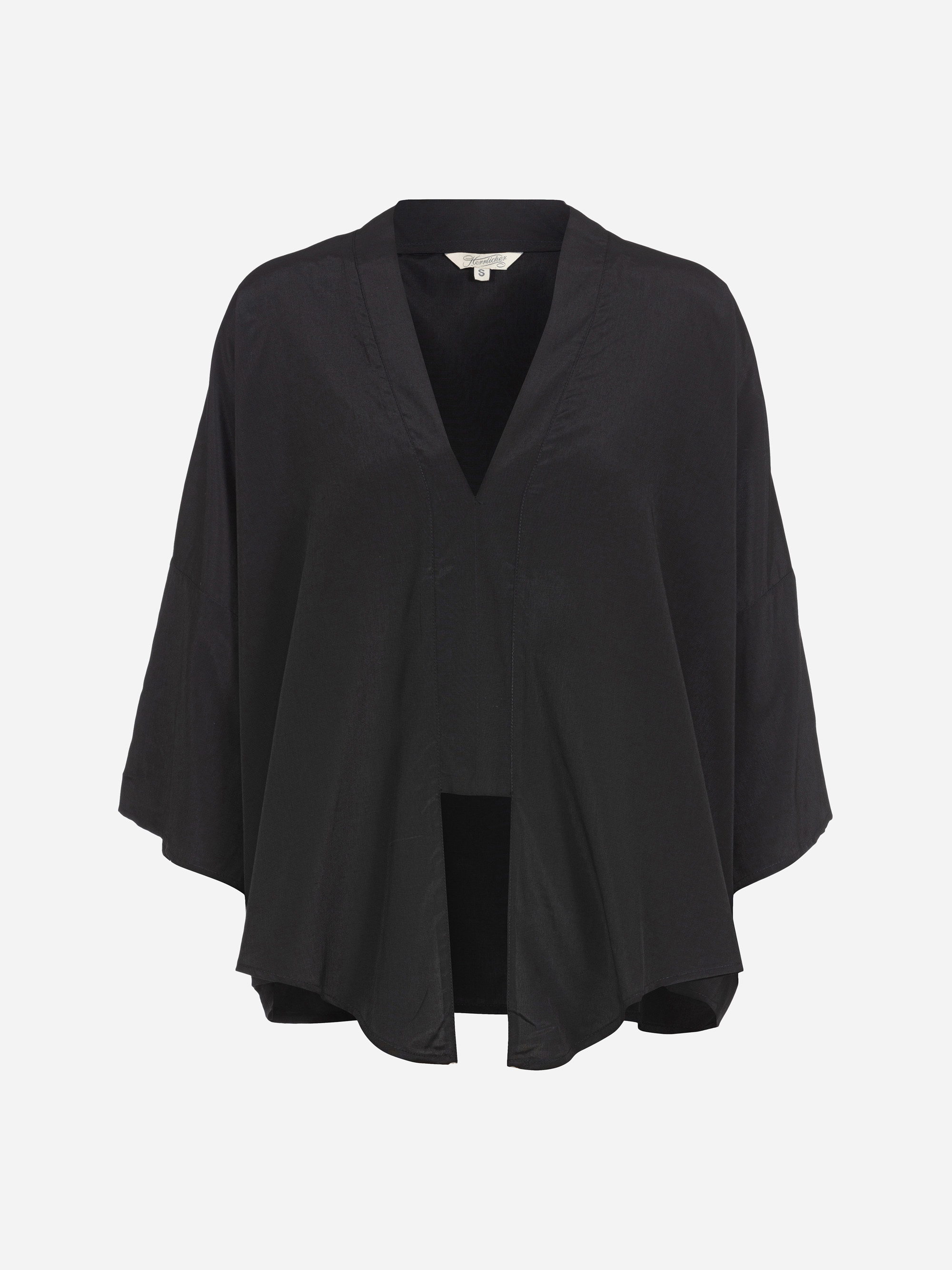 Schwarze, locker sitzende Bluse mit V-Ausschnitt, weiten, fließenden Ärmeln und offener Vorderseite auf einfarbig weißem Hintergrund.