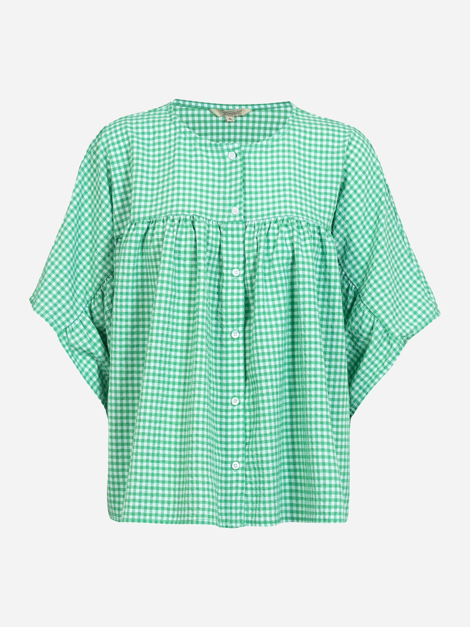 Locker sitzende, kurzärmelige, grün-weiß karierte Bluse mit Rundhalsausschnitt und weißen Knöpfen auf der Vorderseite.