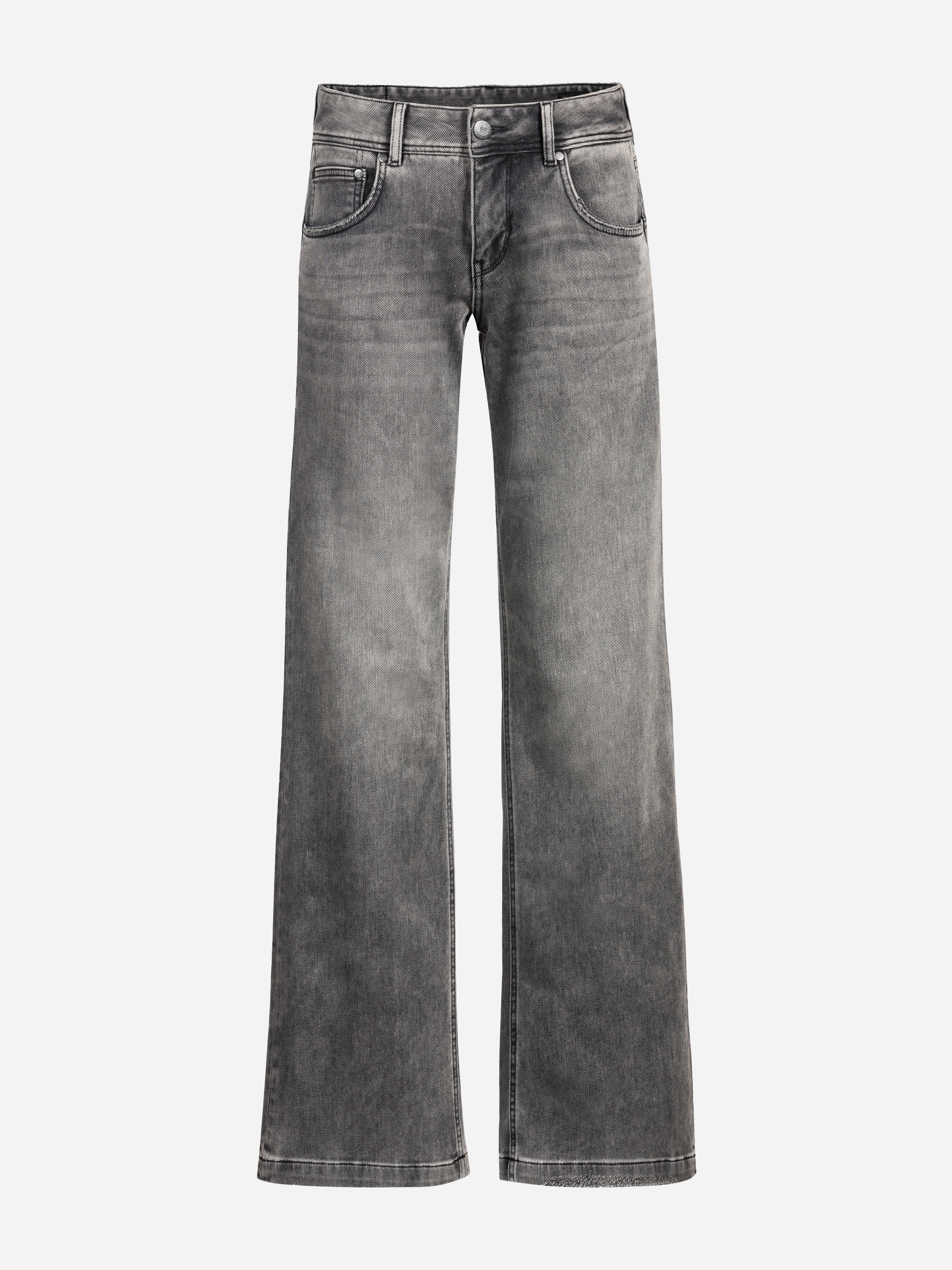 Schwarze Jeans mit hoher Taille und weitem Bein, verblichen, mit Vorder- und Gesäßtaschen, Gürtelschlaufen und Knopfverschluss auf weißem Hintergrund.