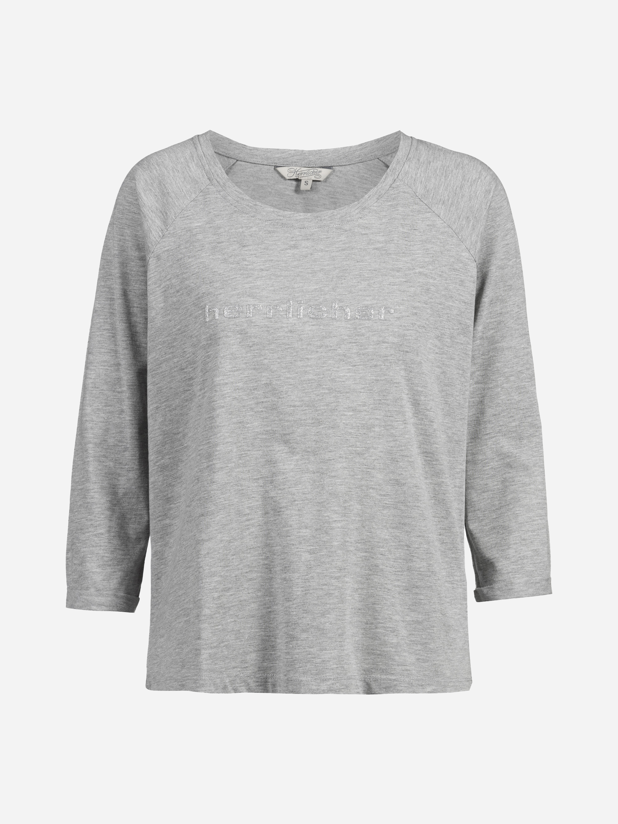 Ein hellgraues, langärmeliges T-Shirt mit Rundhalsausschnitt und dezentem Text auf der Brust, der auf einem schlichten weißen Hintergrund abgebildet ist.