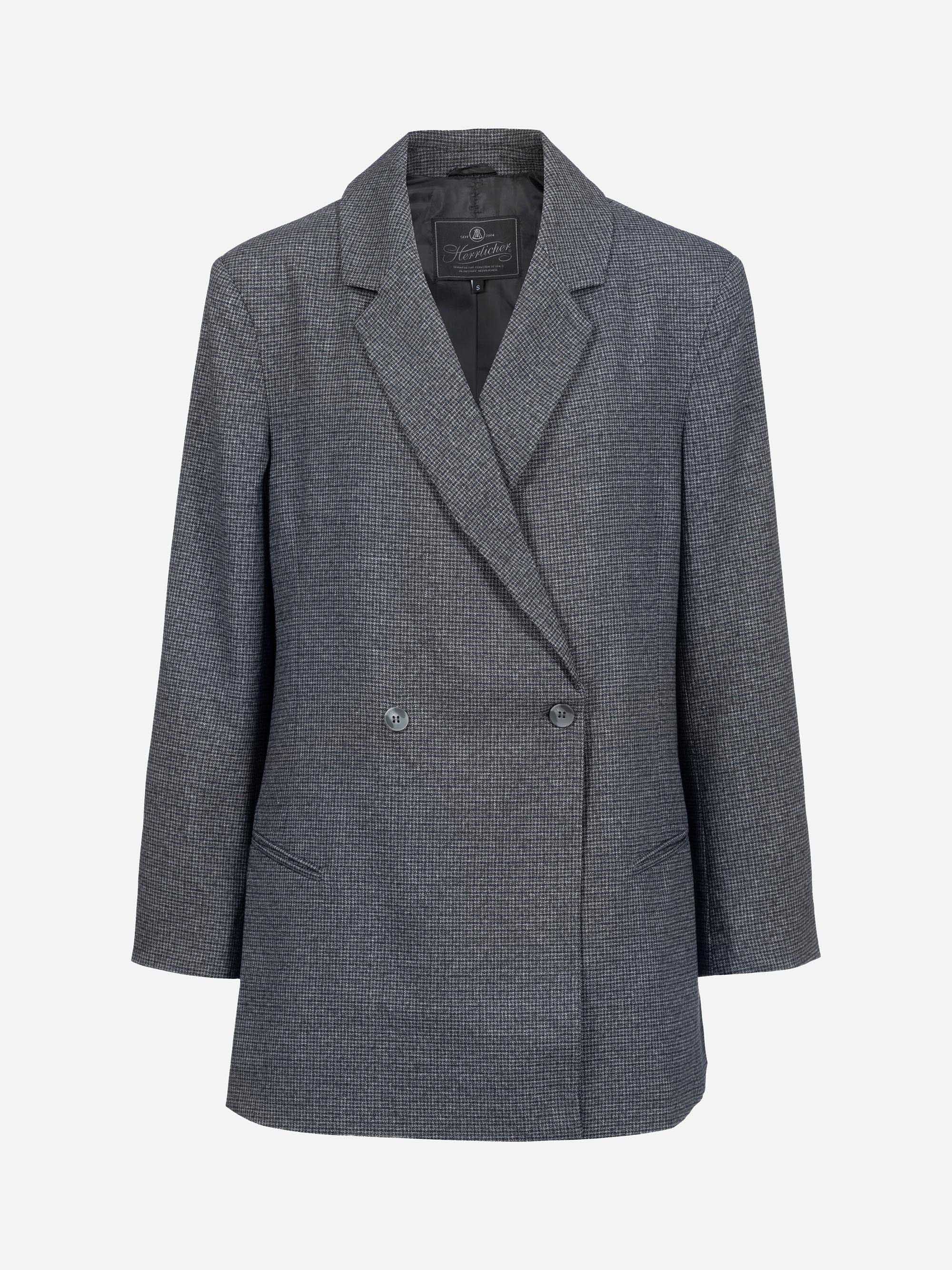 Ein grauer zweireihiger Damenblazer mit gekerbtem Reverskragen, langen Ärmeln und zwei Vordertaschen auf weißem Hintergrund.