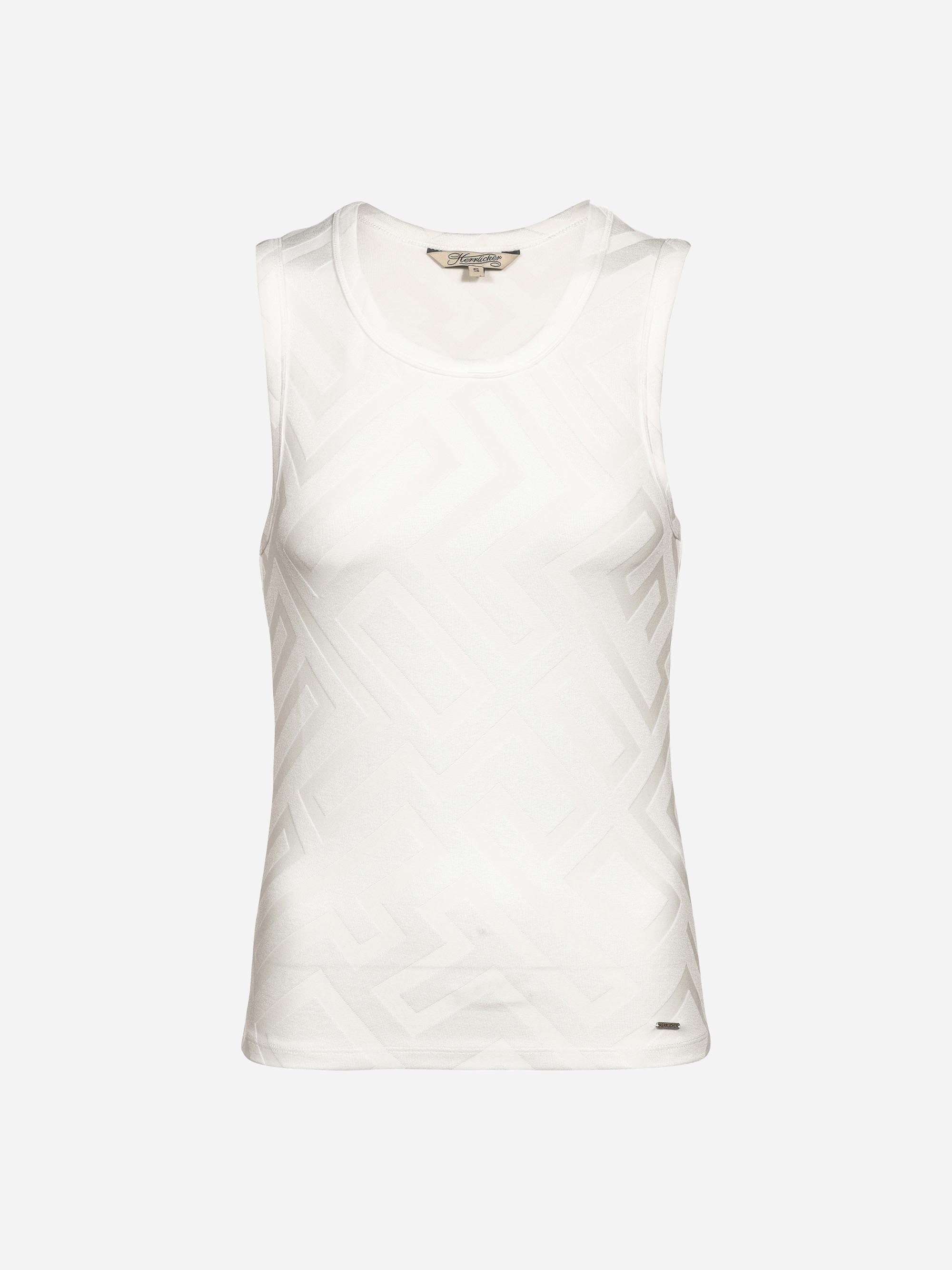 Ärmelloses weißes Tank-Top mit dezentem geometrischem Muster und Rundhalsausschnitt, das sich vor einem schlichten weißen Hintergrund präsentiert.