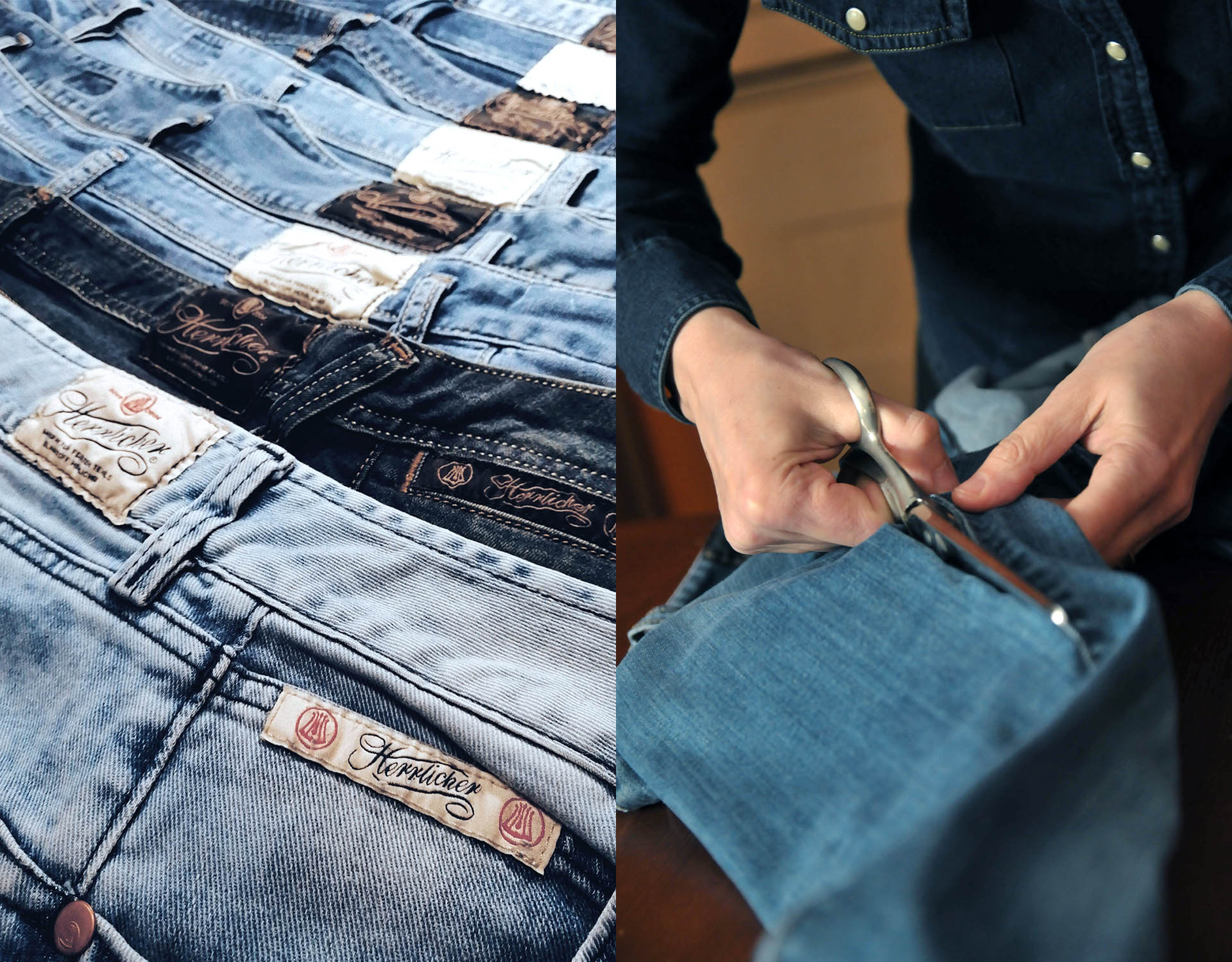 Ein geteiltes Bild zeigt mehrere Jeans mit sichtbaren Etiketten auf der linken Seite und Hände, die mit einer Schere den Saum einer Jeans abschneiden, auf der rechten Seite.