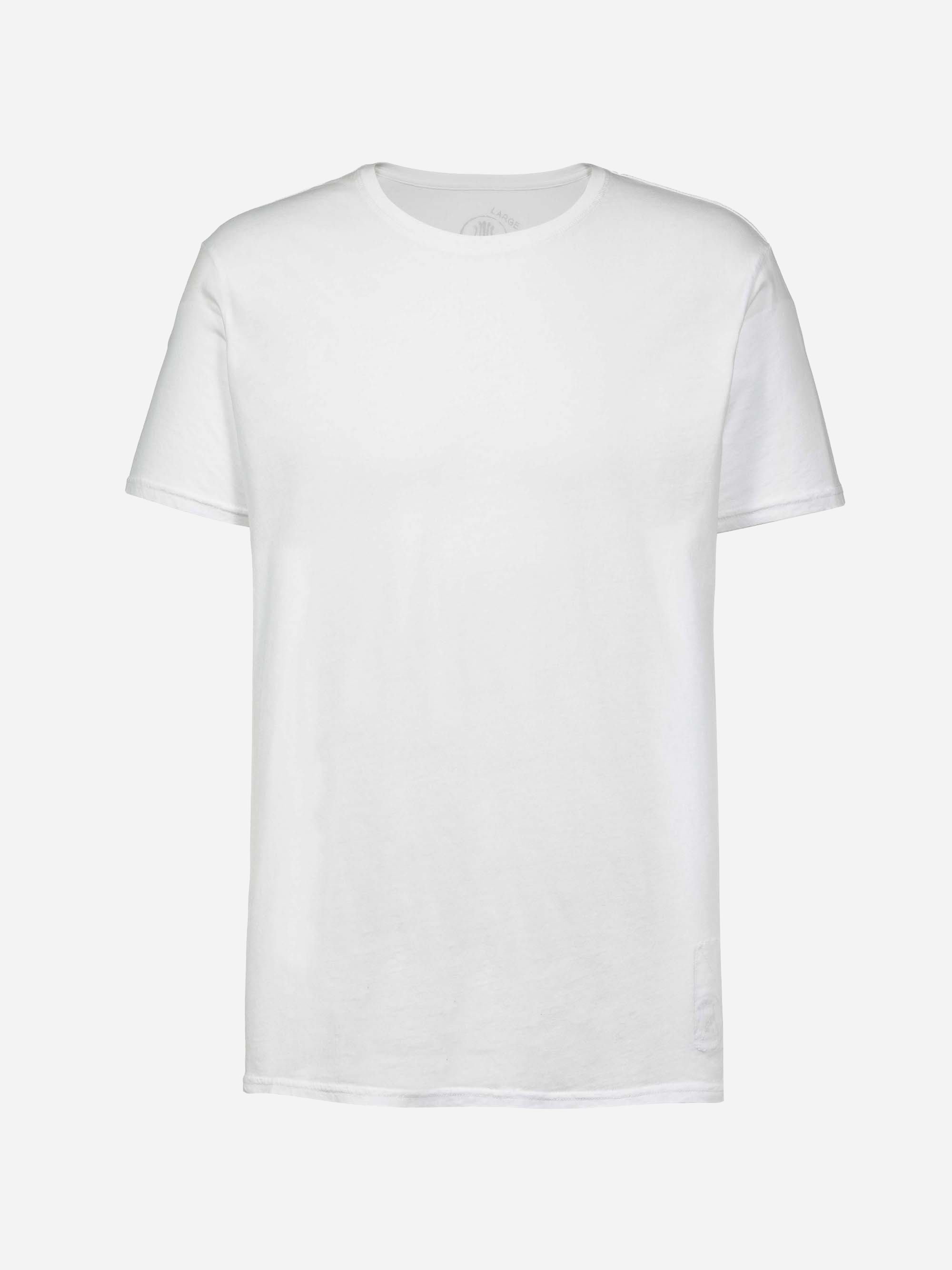 Ein schlichtes weißes Kurzarm-T-Shirt mit Rundhalsausschnitt auf weißem Hintergrund.