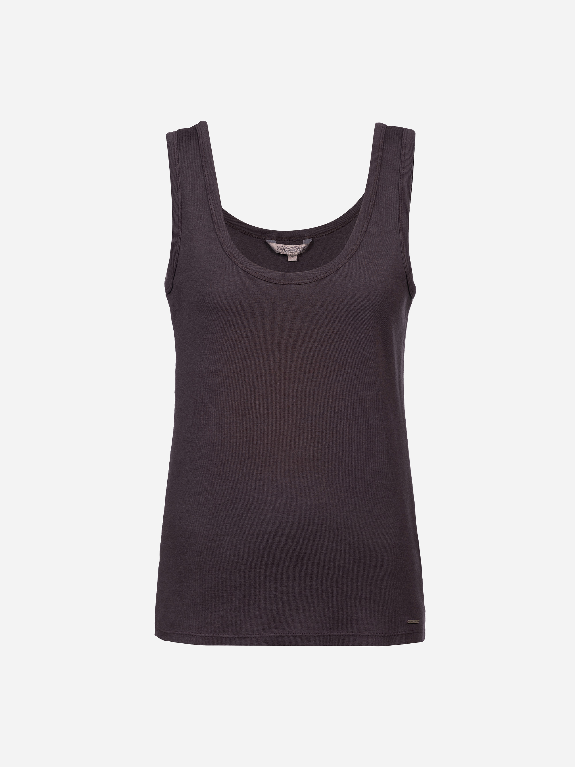 Ein ärmelloses, dunkles Tank-Top mit Rundhalsausschnitt, das vor einem schlichten weißen Hintergrund abgebildet ist.