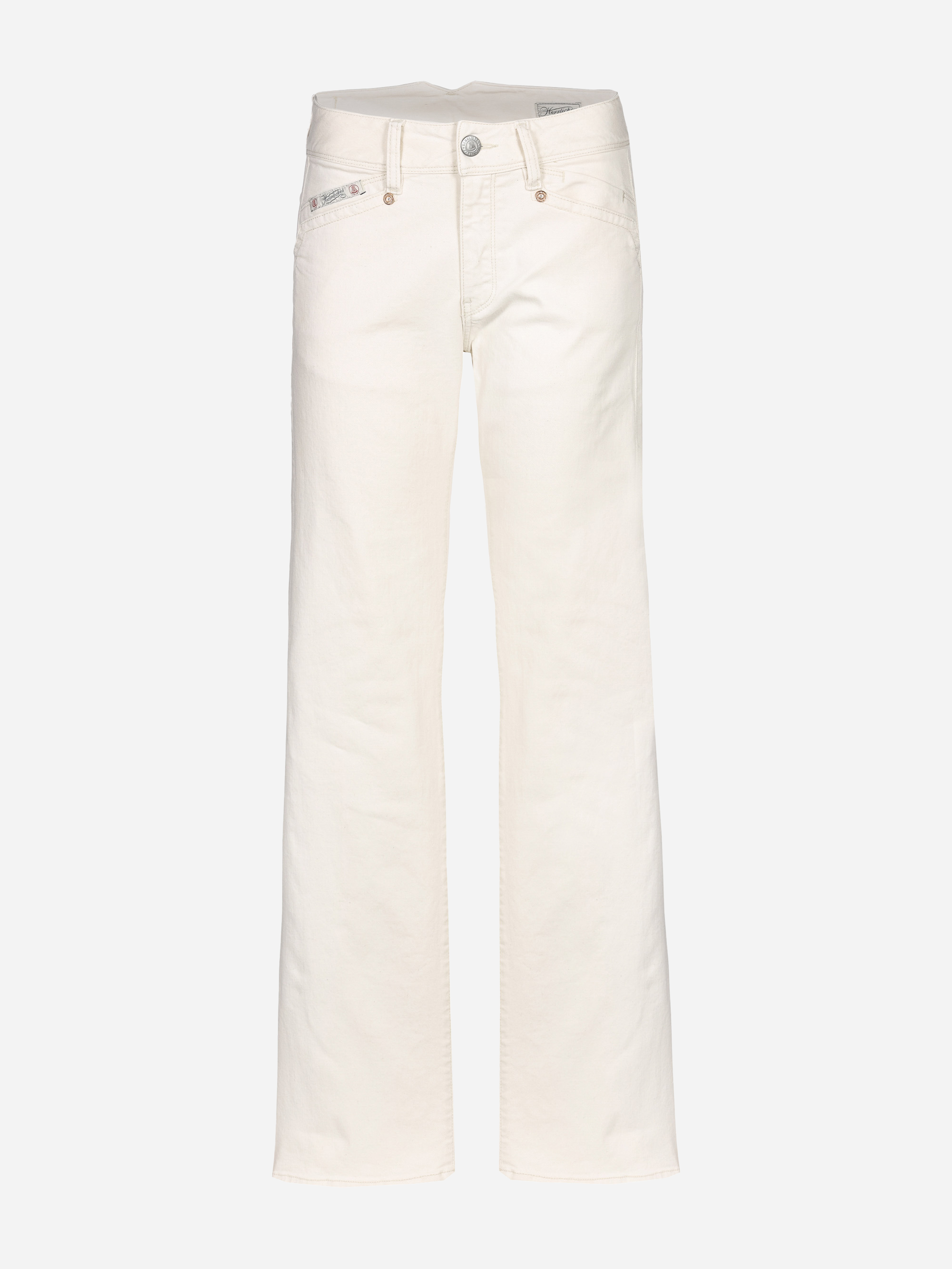 Weiße Jeans mit geradem Bein, Knopf- und Reißverschluss, Vordertaschen und Gürtelschlaufen auf einfarbig weißem Hintergrund.