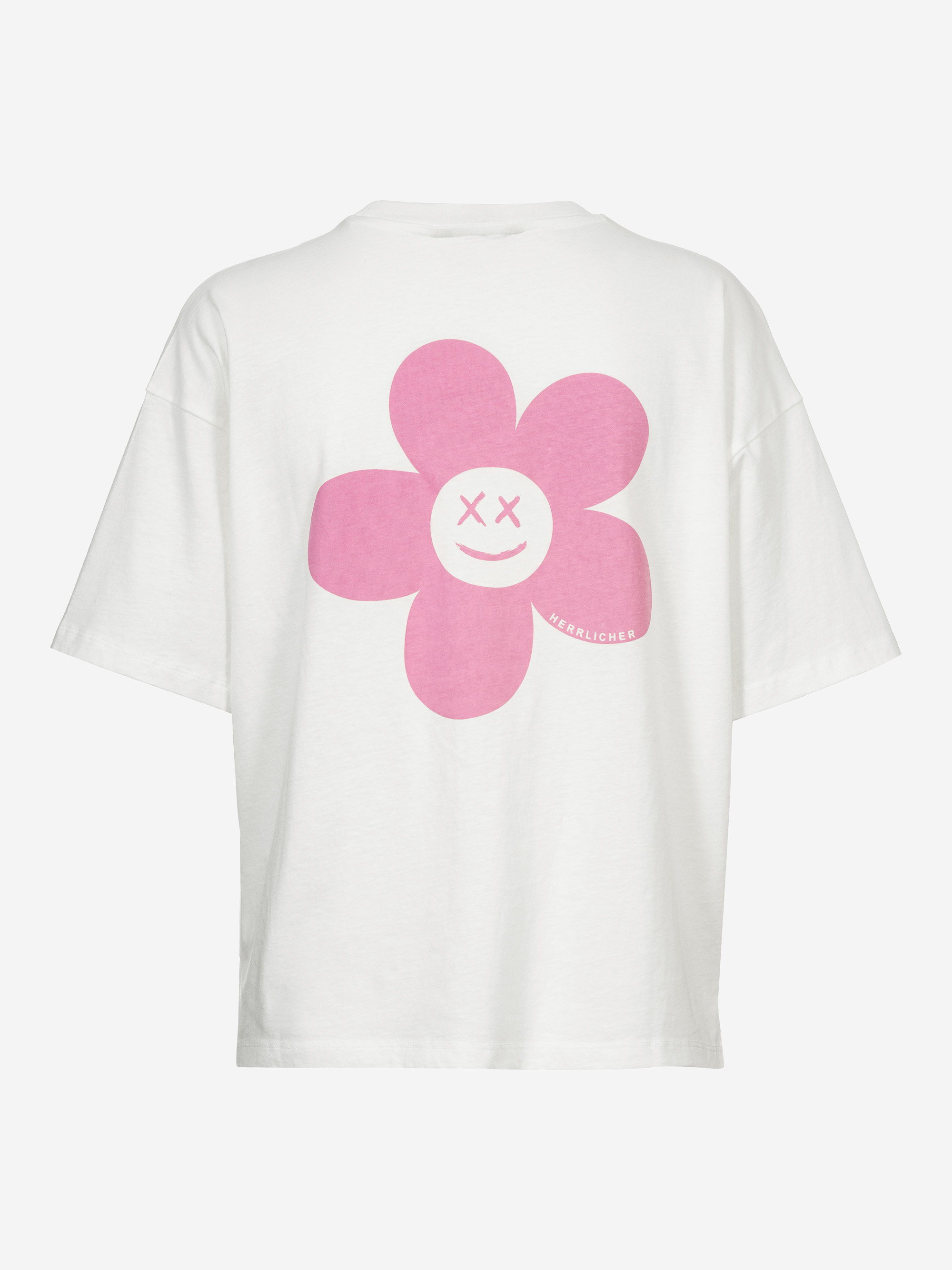 Ein weißes T-Shirt mit einer großen rosa Blumengrafik auf dem Rücken. Die Blume hat ein lächelndes Gesicht mit Xs als Augen.