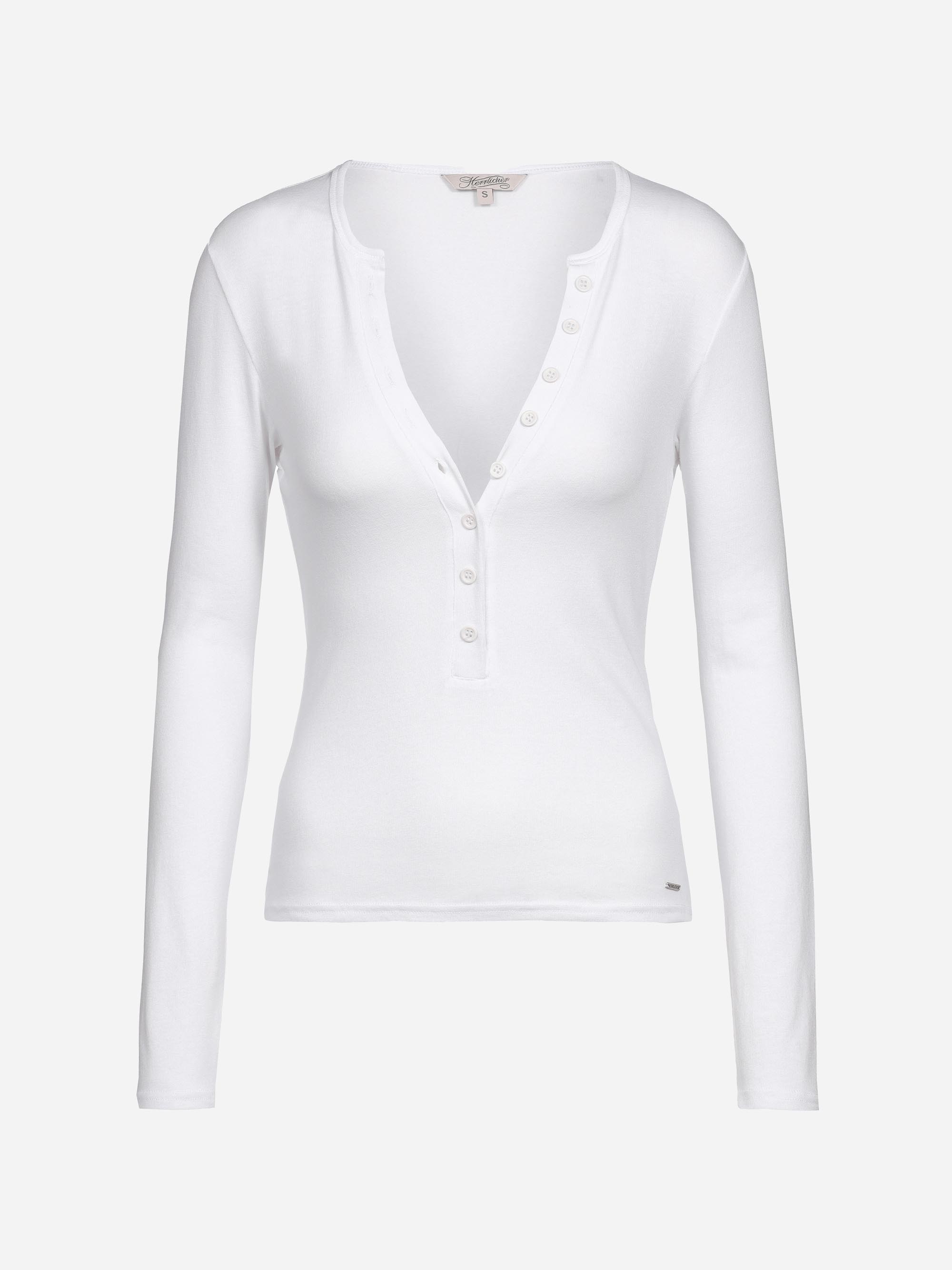 Ein weißes, langärmeliges Damen-Henley-Shirt mit tiefem V-Ausschnitt und mehreren Knöpfen auf der Vorderseite, das auf einem einfarbig weißen Hintergrund abgebildet ist.