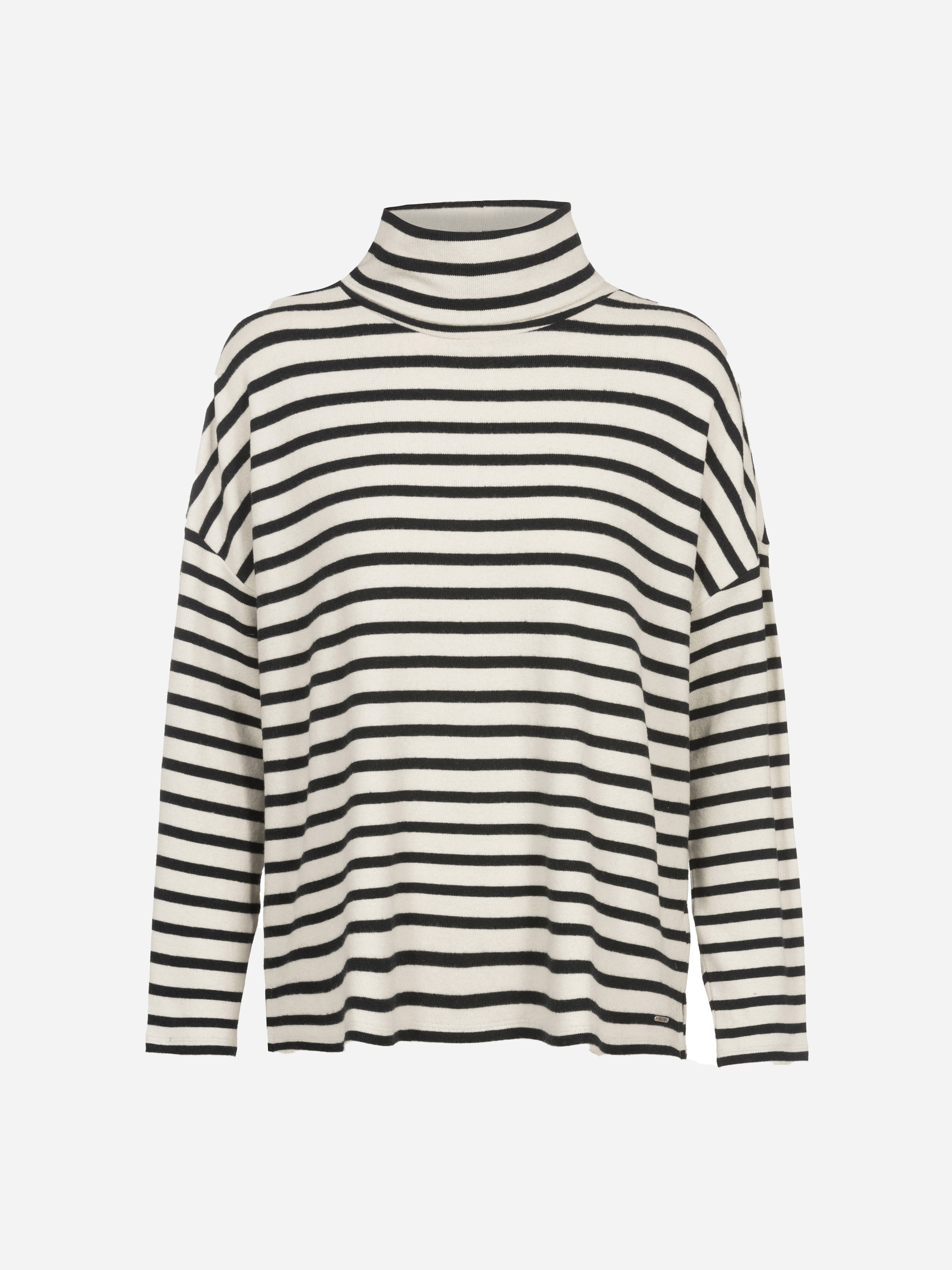 Ein langärmeliger, schwarz-weißer, horizontal gestreifter Rollkragenpullover wird vor einem schlichten weißen Hintergrund gezeigt.