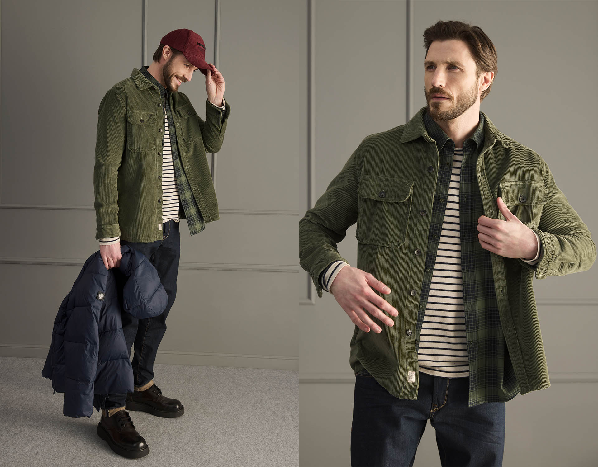 Ein Mann trägt eine olivgrüne Kordjacke über einem gestreiften Hemd und dunklen Jeans. Auf dem einen Bild hält er eine marineblaue Pufferjacke und berührt seine rote Mütze, auf dem anderen rückt er seine Jacke zurecht.