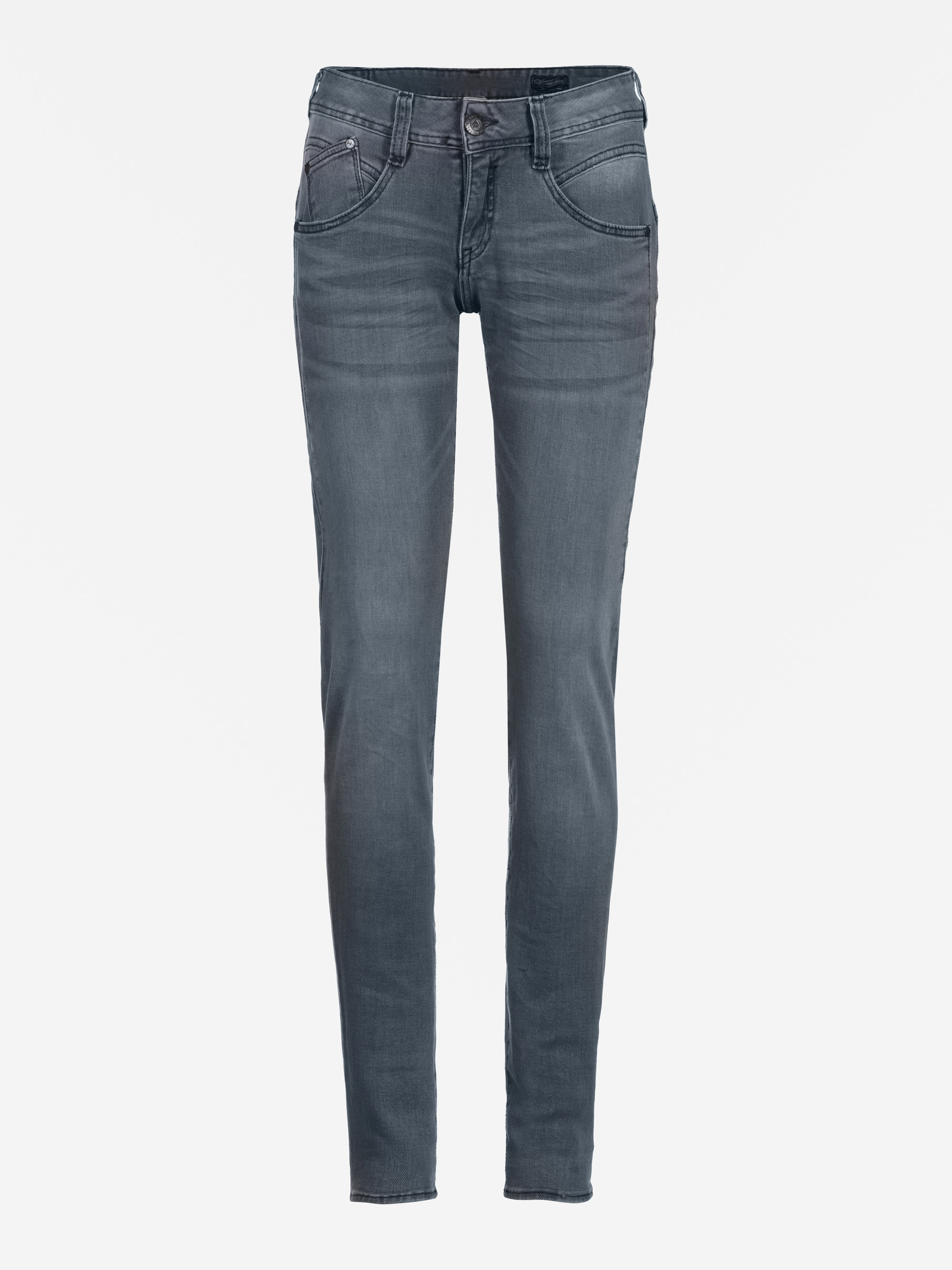 Ein Paar graue Skinny-Jeans mit Vorder- und Gesäßtaschen, Gürtelschlaufen und einem Knopf- und Reißverschluss, dargestellt auf weißem Hintergrund.