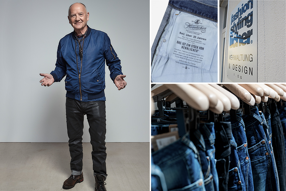 Ein lächelnder älterer Mann in blauer Jacke und Jeans steht in einem Innenraum; die eingefügten Bilder zeigen ein Jeans-Etikett, ein Firmenschild für Bekleidungsdesign und Reihen von Blue Jeans, die auf Holzbügeln hängen.