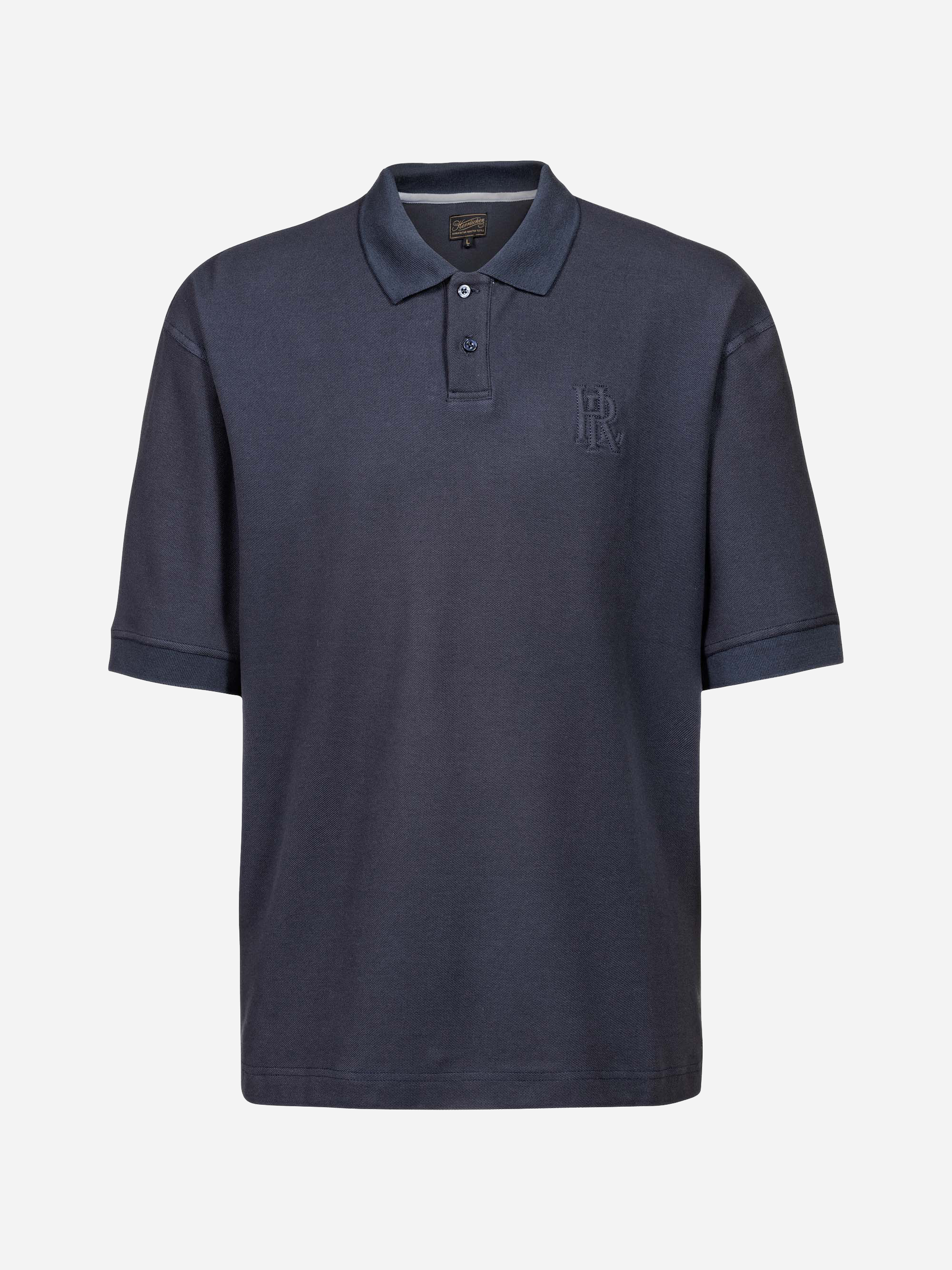 Dunkles, marineblaues Kurzarm-Poloshirt mit Kragen und Dreiknopfleiste und dezenter Logostickerei auf der linken Brust.
