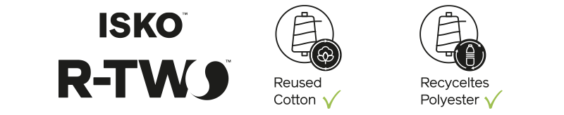 Logo für ISKO R-TWO mit Symbolen für wiederverwendete Baumwolle und recyceltes Polyester, jeweils mit einer Garnspule und einem Häkchen, zur Förderung nachhaltiger Stoffmaterialien.
