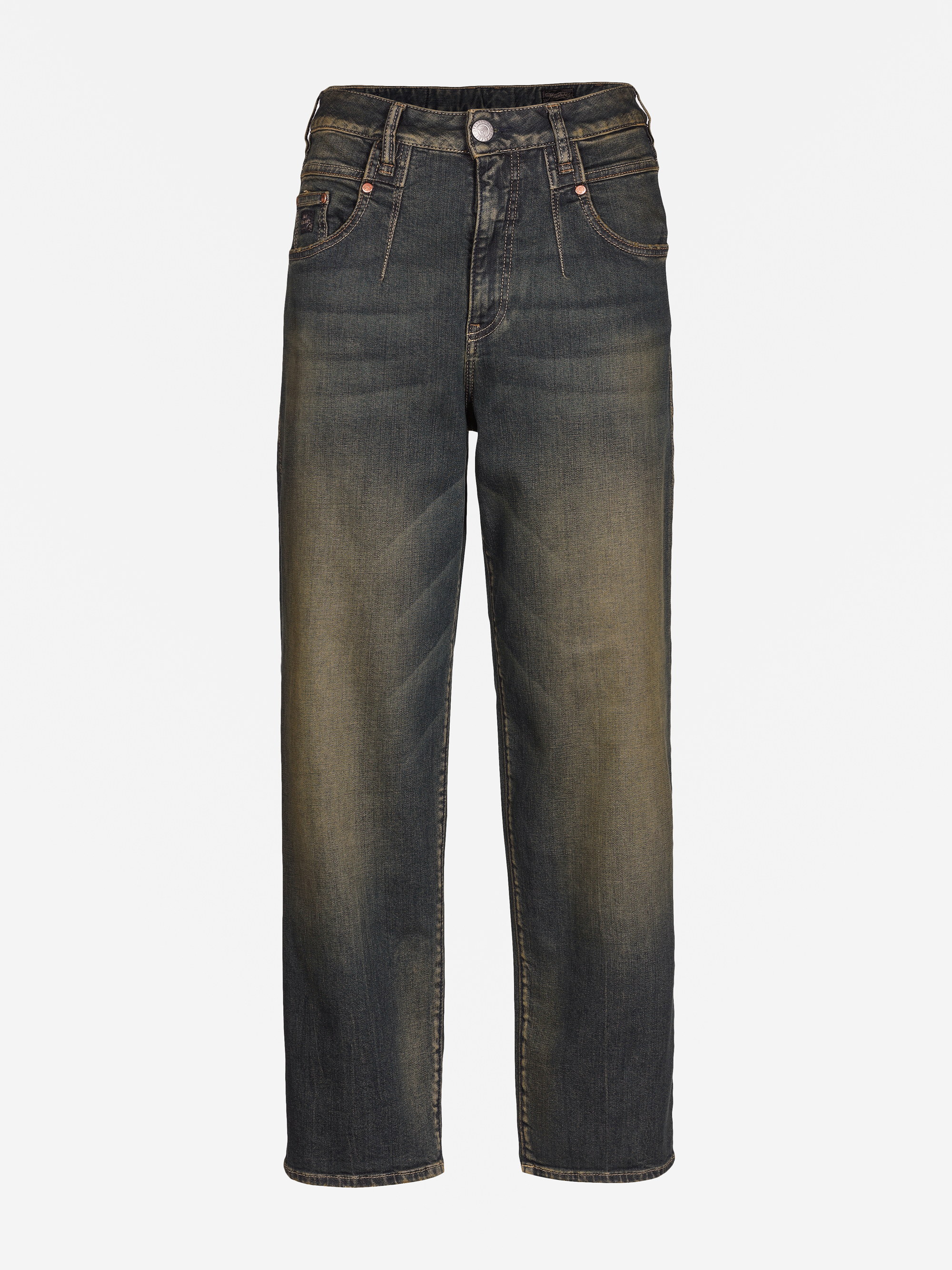 Ein Paar dunkelblaue Jeans mit geradem Bein und hoher Taille, mit verblichenen Details und sichtbaren Nähten, die von vorne auf weißem Hintergrund zu sehen sind.