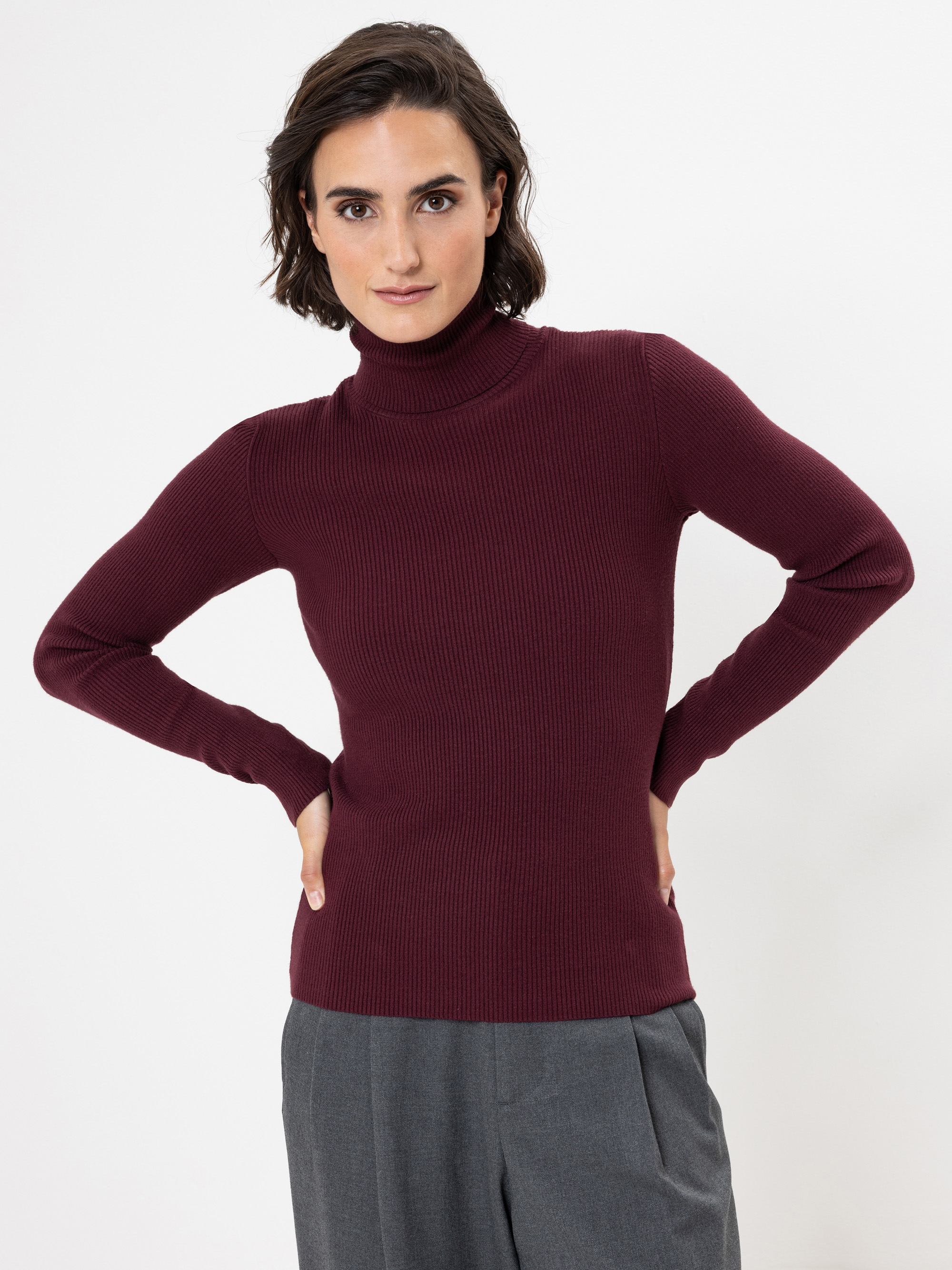 Eine Person mit kurzem, dunklem Haar, die einen kastanienbraunen Rollkragenpullover und eine graue Hose trägt, steht mit den Händen in den Hüften vor einem schlichten weißen Hintergrund.