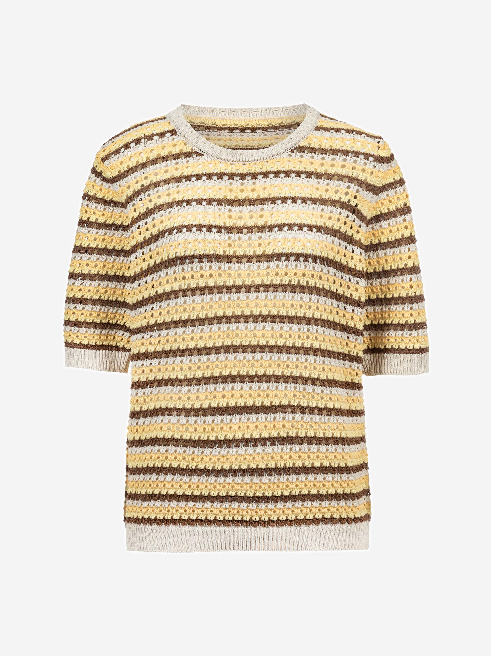 Ein kurzärmeliger, gehäkelter Pullover mit horizontalen Streifen in Beige-, Gelb-, Braun- und Creme-Tönen. Der Pullover hat einen Rundhalsausschnitt und gerippte Bündchen und Saum.