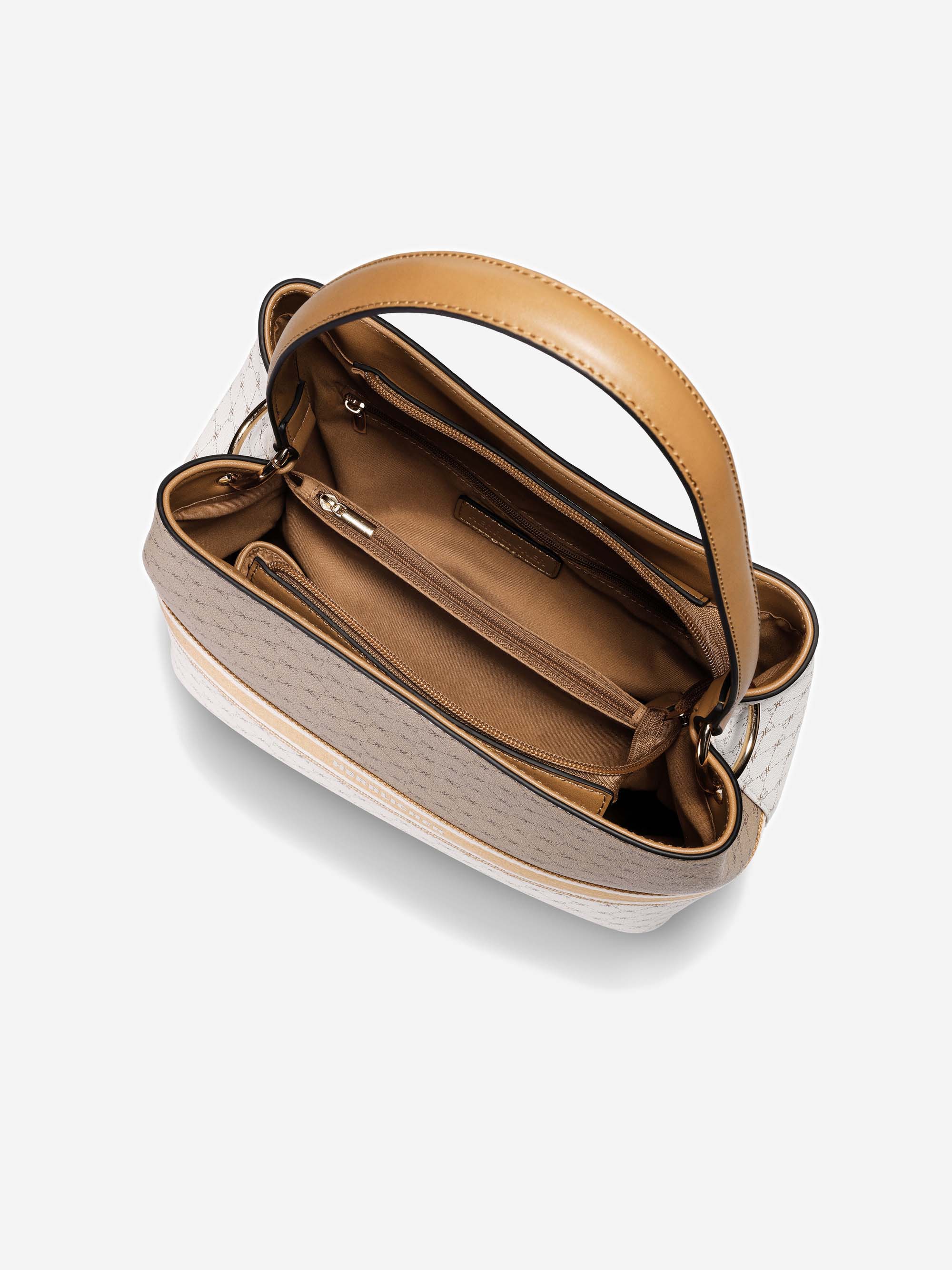 Draufsicht auf eine offene Handtasche mit hellbraunen Griffen, hellbraunem Innenraum, einer mittleren Reißverschlusstasche und einer Außenseite mit einem gemusterten hellbeigen und weißen Muster vor einem weißen Hintergrund.