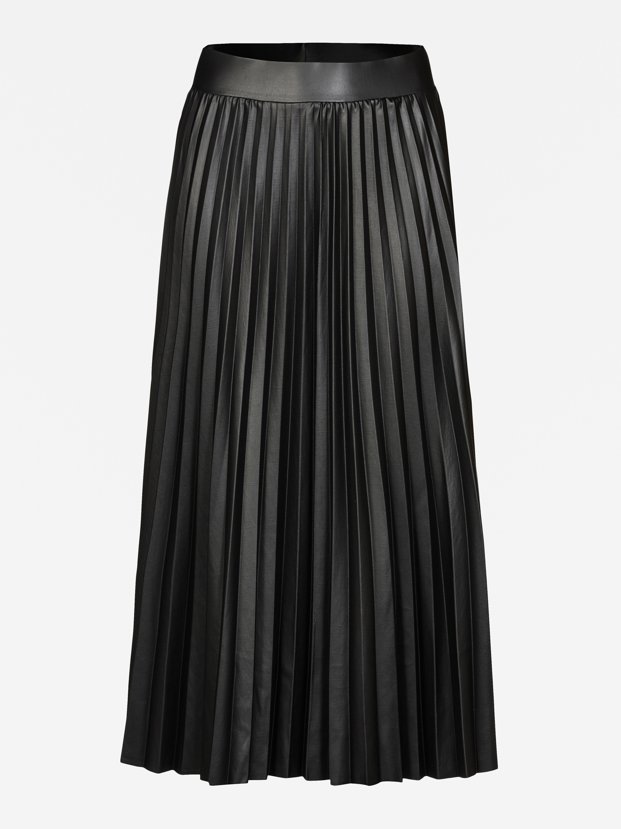 Ein schwarzer, knielanger Faltenrock mit tailliertem Bund auf weißem Grund.