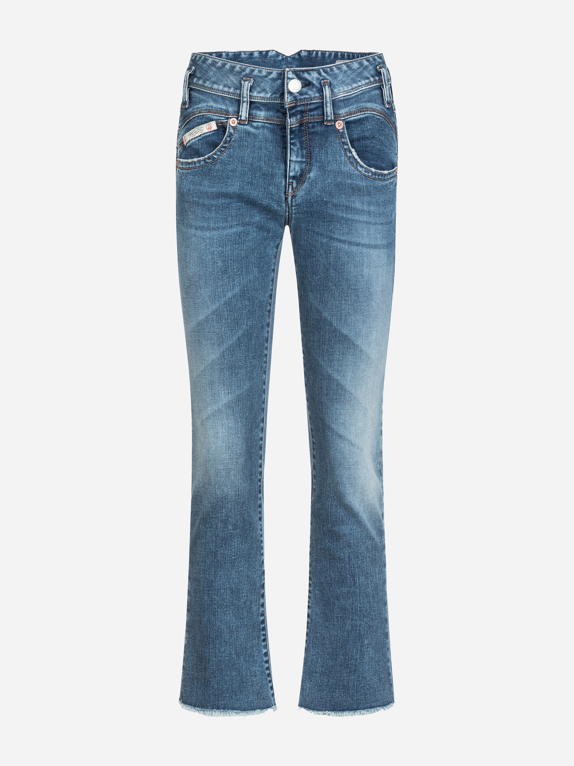 Blaue Denim-Jeans mit mittelhoher Taille, Knopf- und Reißverschluss an der Vorderseite, klassischem Five-Pocket-Stil, dezentem Fading an den Oberschenkeln und rohem, unbearbeitetem Saum.