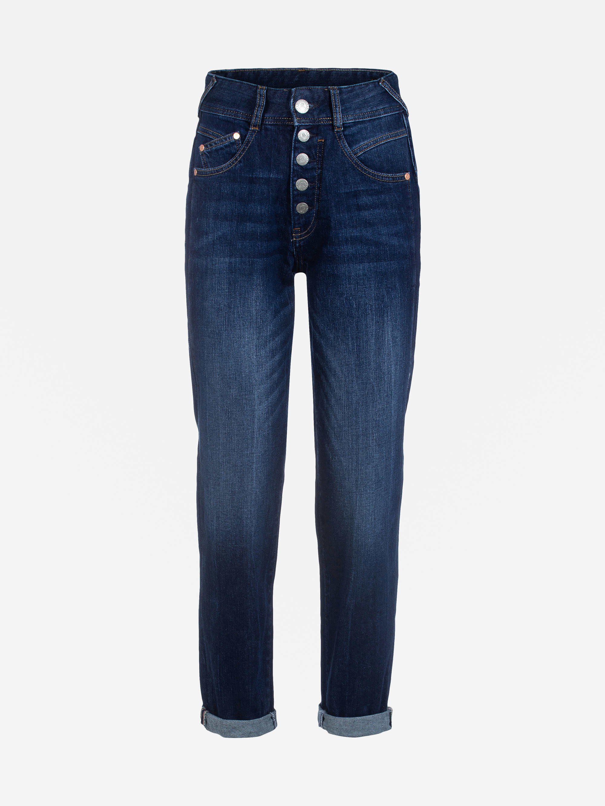 Dunkelblaue Jeans mit hoher Taille, Knopfleiste, Vordertaschen und Bündchen am Saum auf einfarbig weißem Hintergrund.
