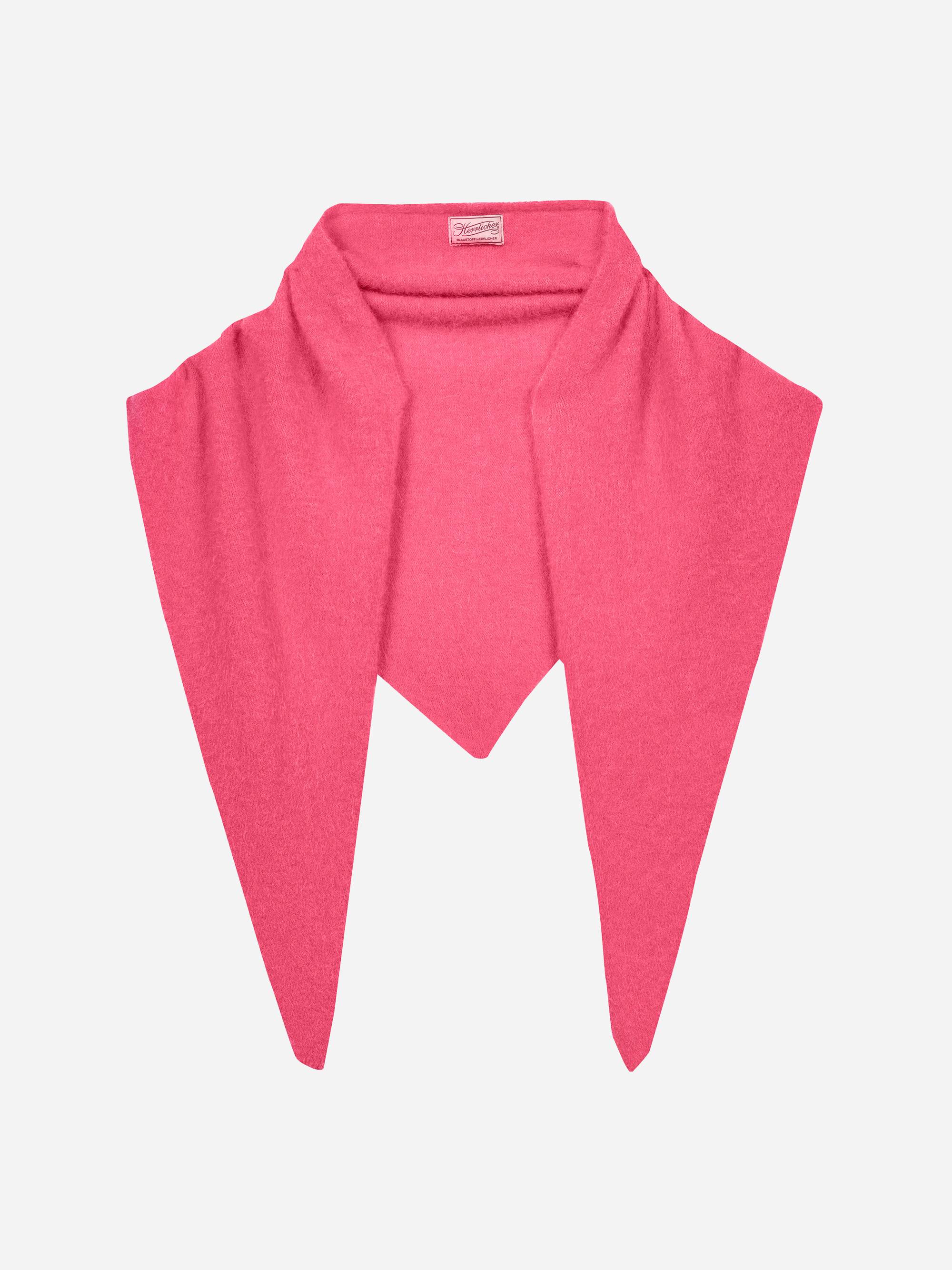 Ein leuchtend rosafarbenes, dreieckiges Halstuch mit zwei spitzen Enden und einem breiten Kragen, flach auf weißem Grund.