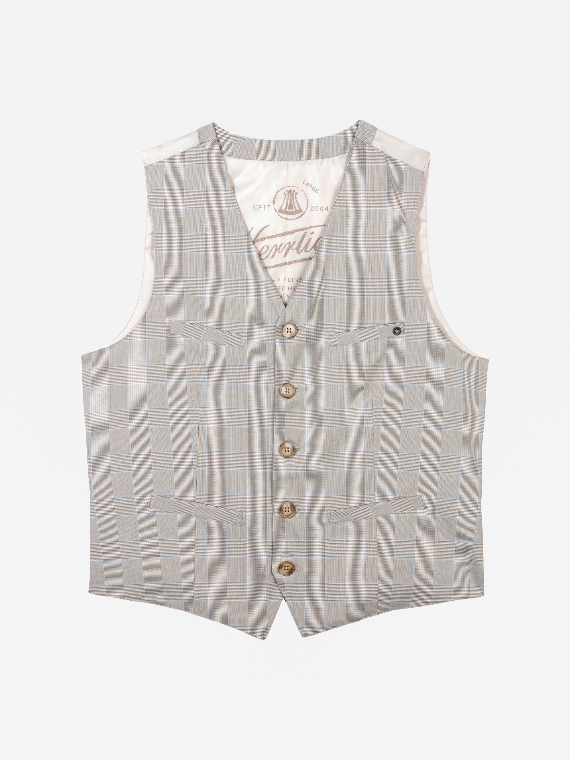 Eine hellgrau karierte Weste mit V-Ausschnitt, sechs braunen Knöpfen, zwei Vordertaschen und einer kleinen Brusttasche. Das Innenfutter ist cremefarben mit dekorativem Text und Muster. Die Weste ist auf einem schlichten weißen Hintergrund abgebildet.