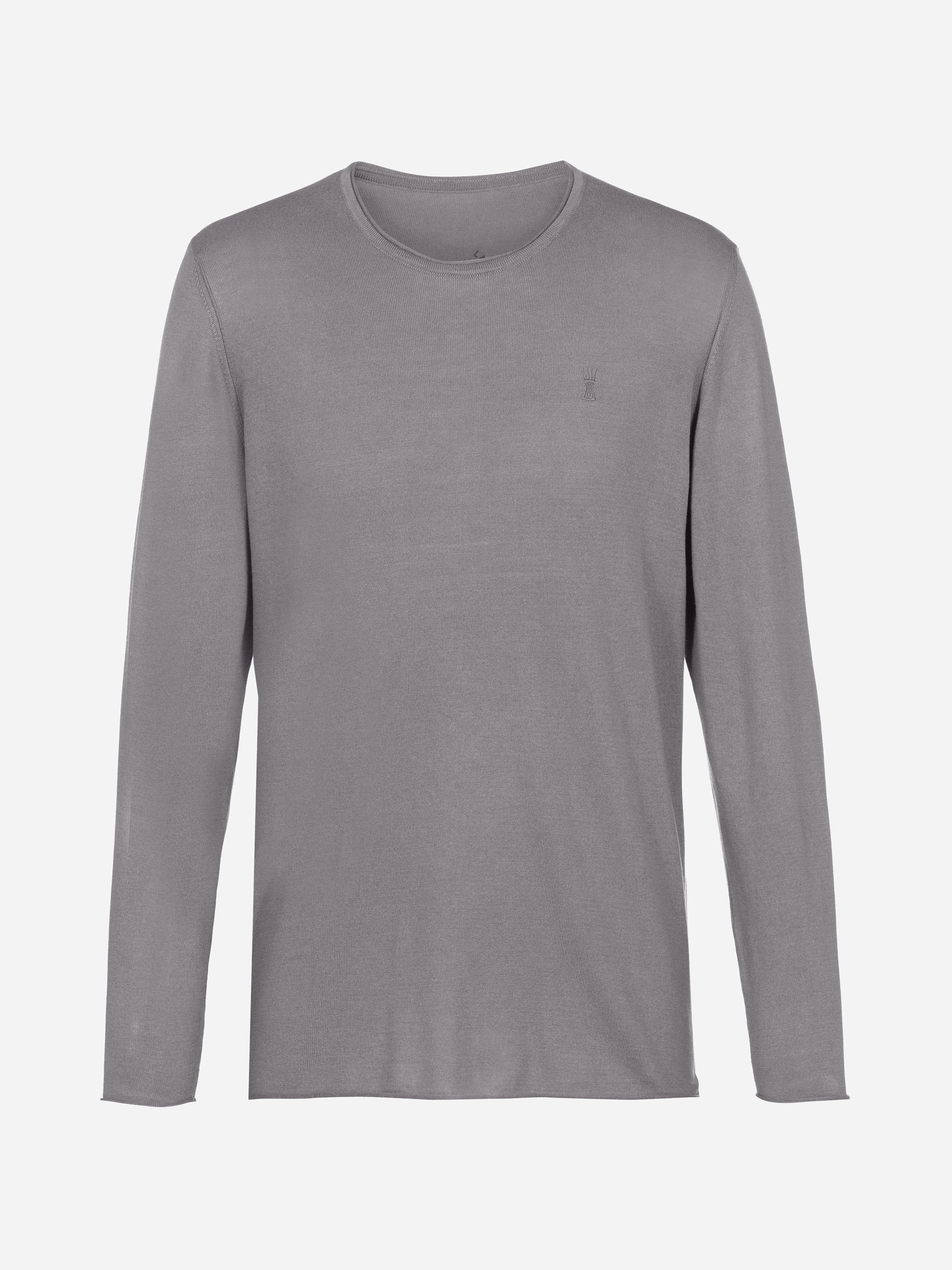 Ein schlichtes, langärmeliges graues T-Shirt mit Rundhalsausschnitt auf weißem Hintergrund.