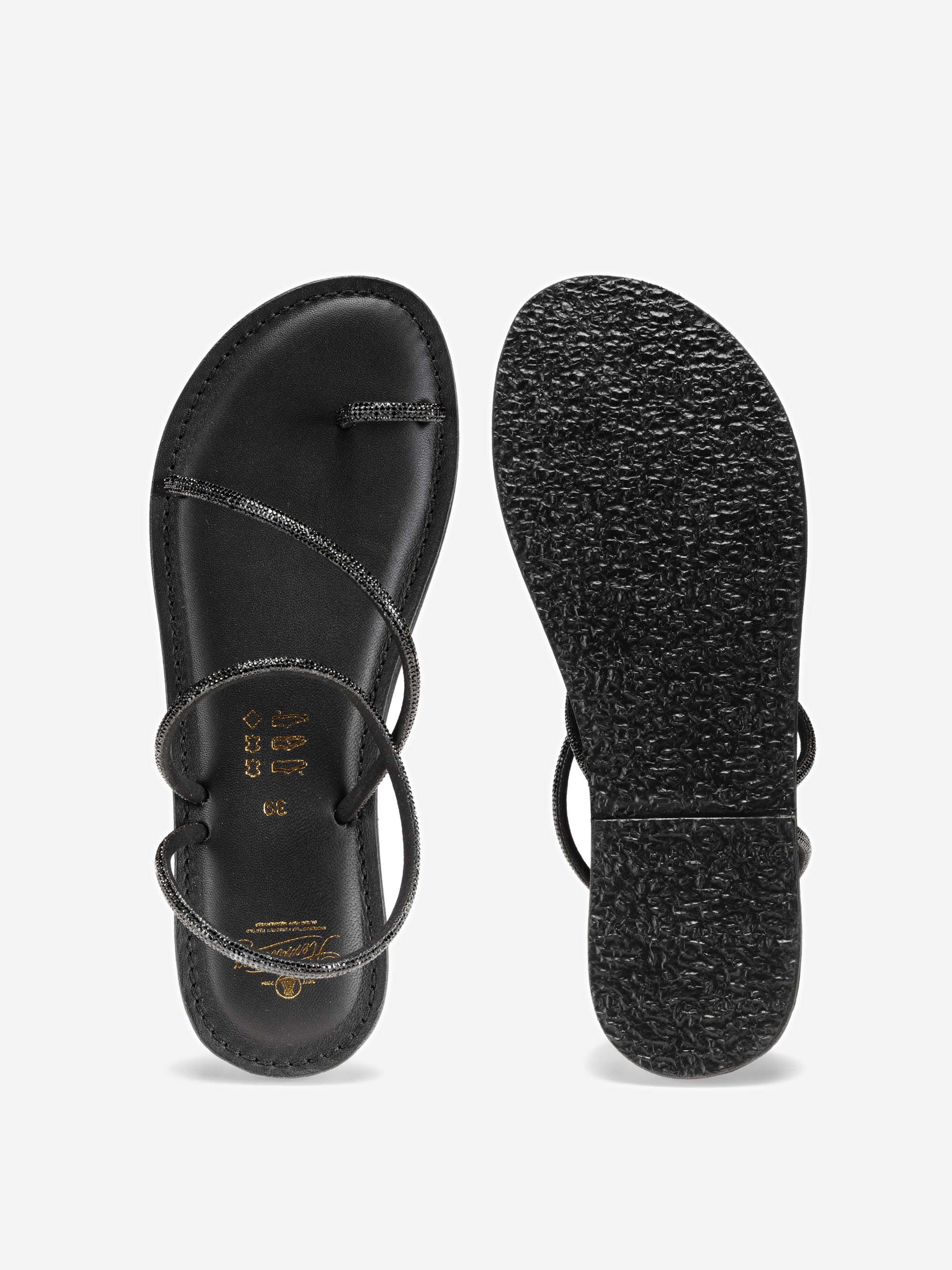 Ein Paar schwarzer flacher Sandalen, die von oben und unten gezeigt werden. Die linke Sandale zeigt die Draufsicht mit dünnen Riemen, während die rechte Sandale die strukturierte Sohle zeigt. Beide befinden sich auf einem einfarbig weißen Hintergrund.