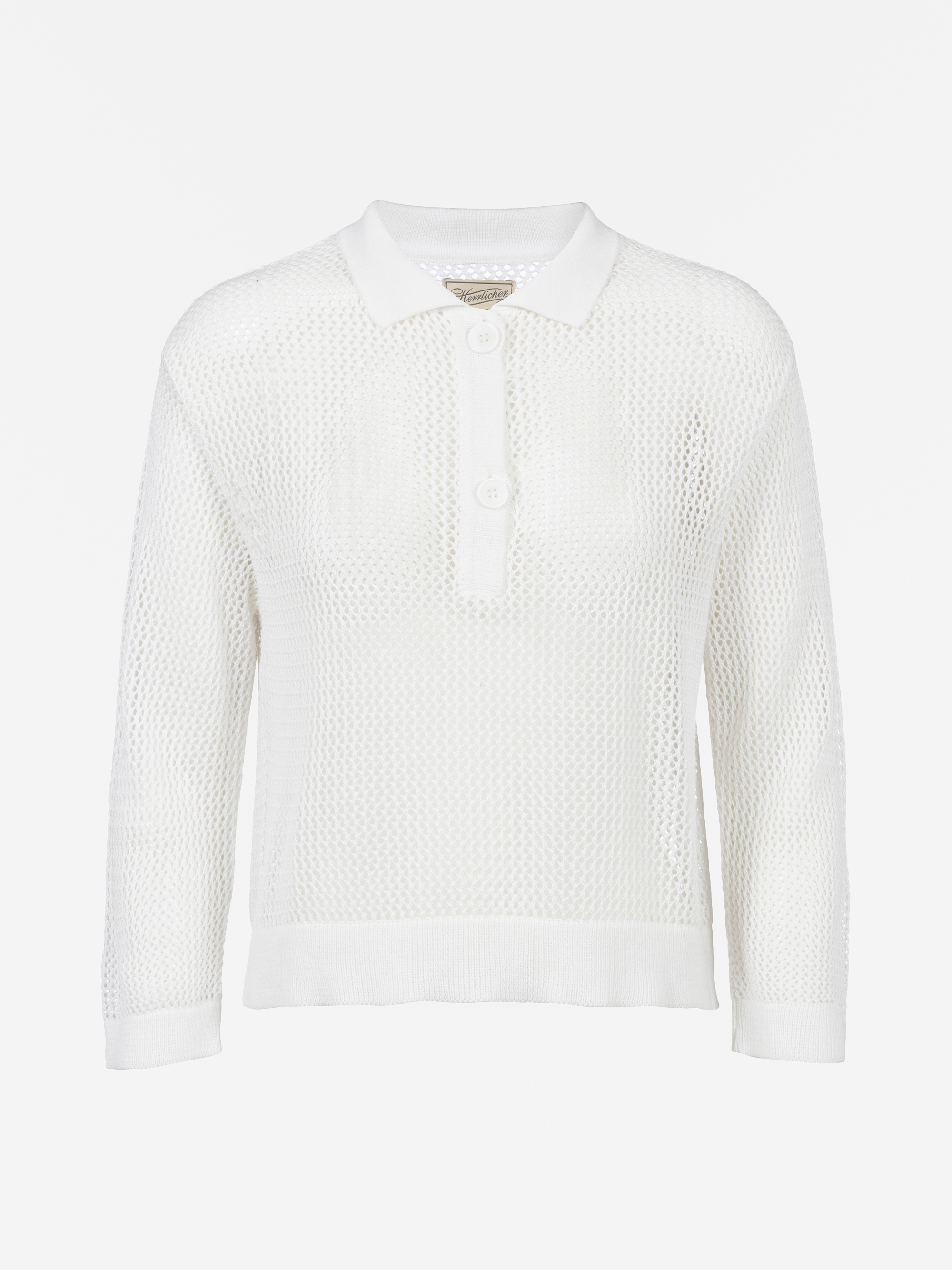 Weißer, langärmeliger Strickpullover mit Kragen, strukturiertem Netzmuster und einer Knopfleiste mit zwei großen Knöpfen auf weißem Grund.