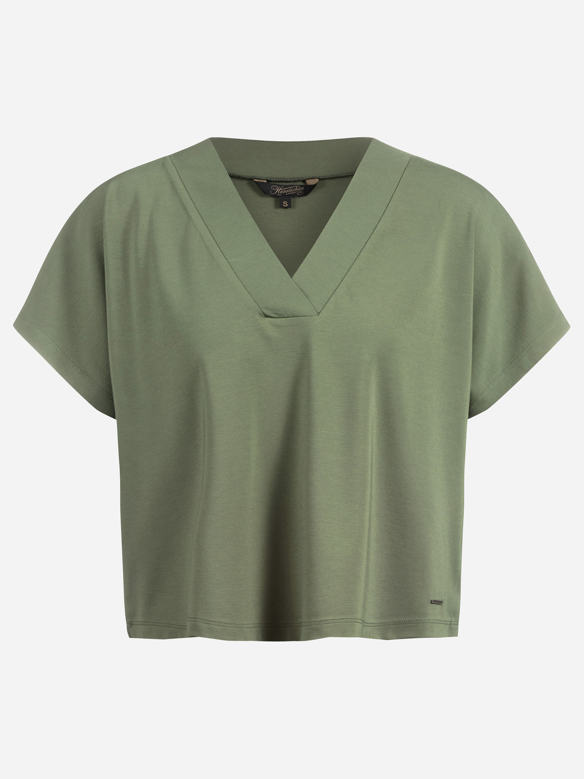 Ein kurzärmeliges, olivgrünes, locker sitzendes Damenoberteil mit V-Ausschnitt, abgebildet auf einem schlichten weißen Hintergrund.
