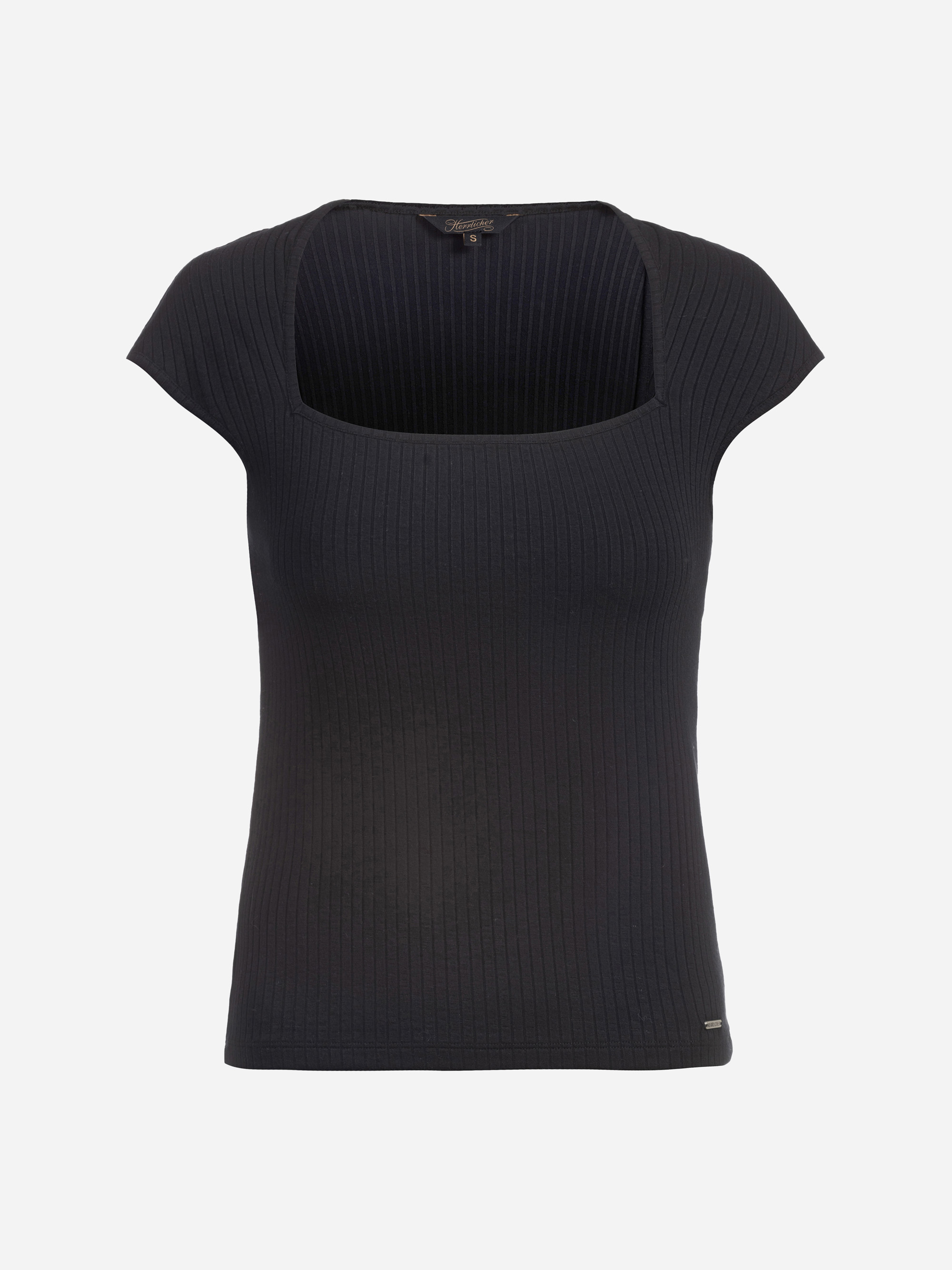 Schwarzes, kurzärmeliges, geripptes Damenoberteil mit quadratischem Ausschnitt auf einfarbig weißem Hintergrund.