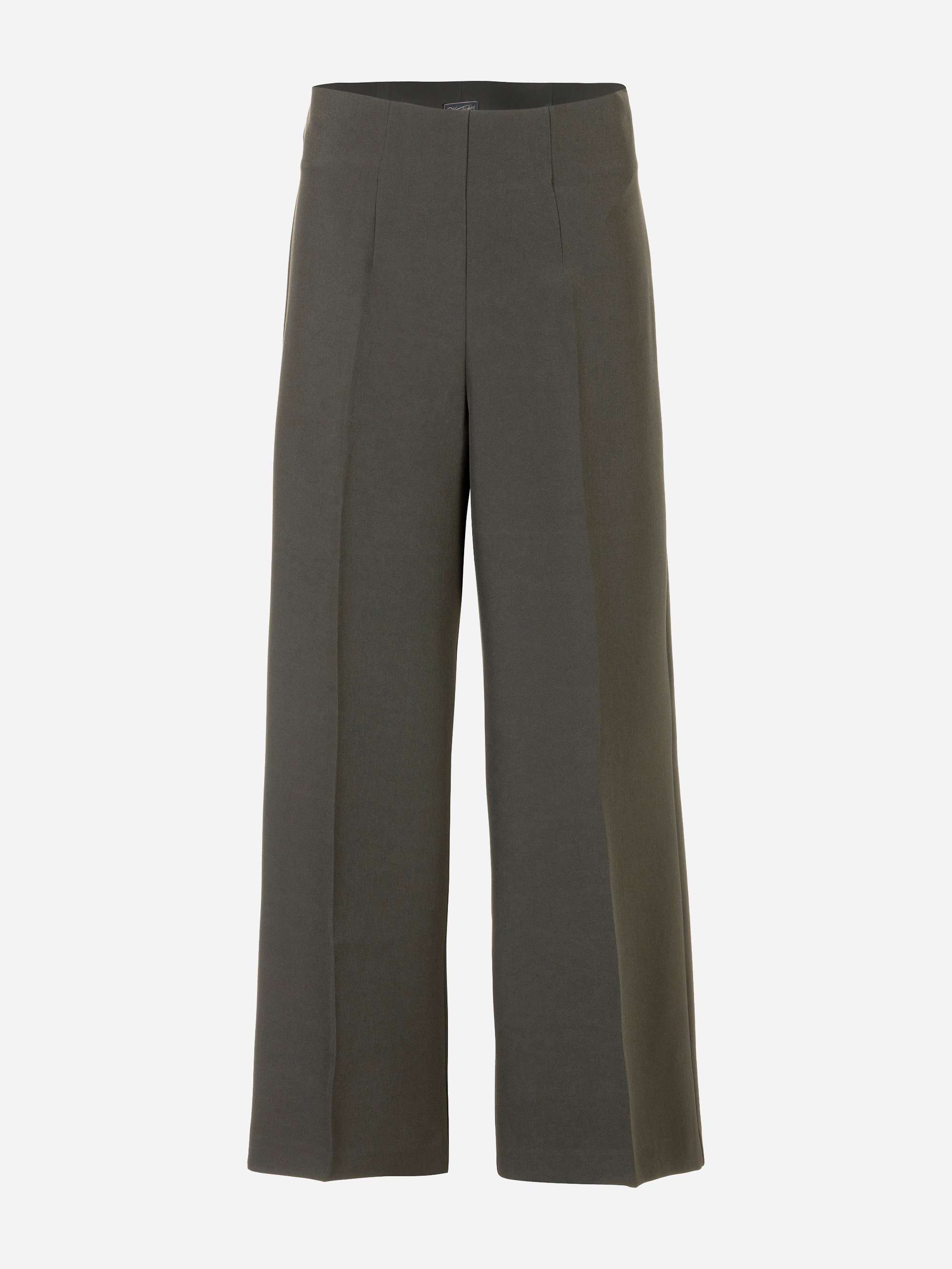 Olivgrüne Hose mit weitem Bein und hoher Taille, mit Falten auf der Vorderseite, abgebildet auf einem einfarbig weißen Hintergrund.